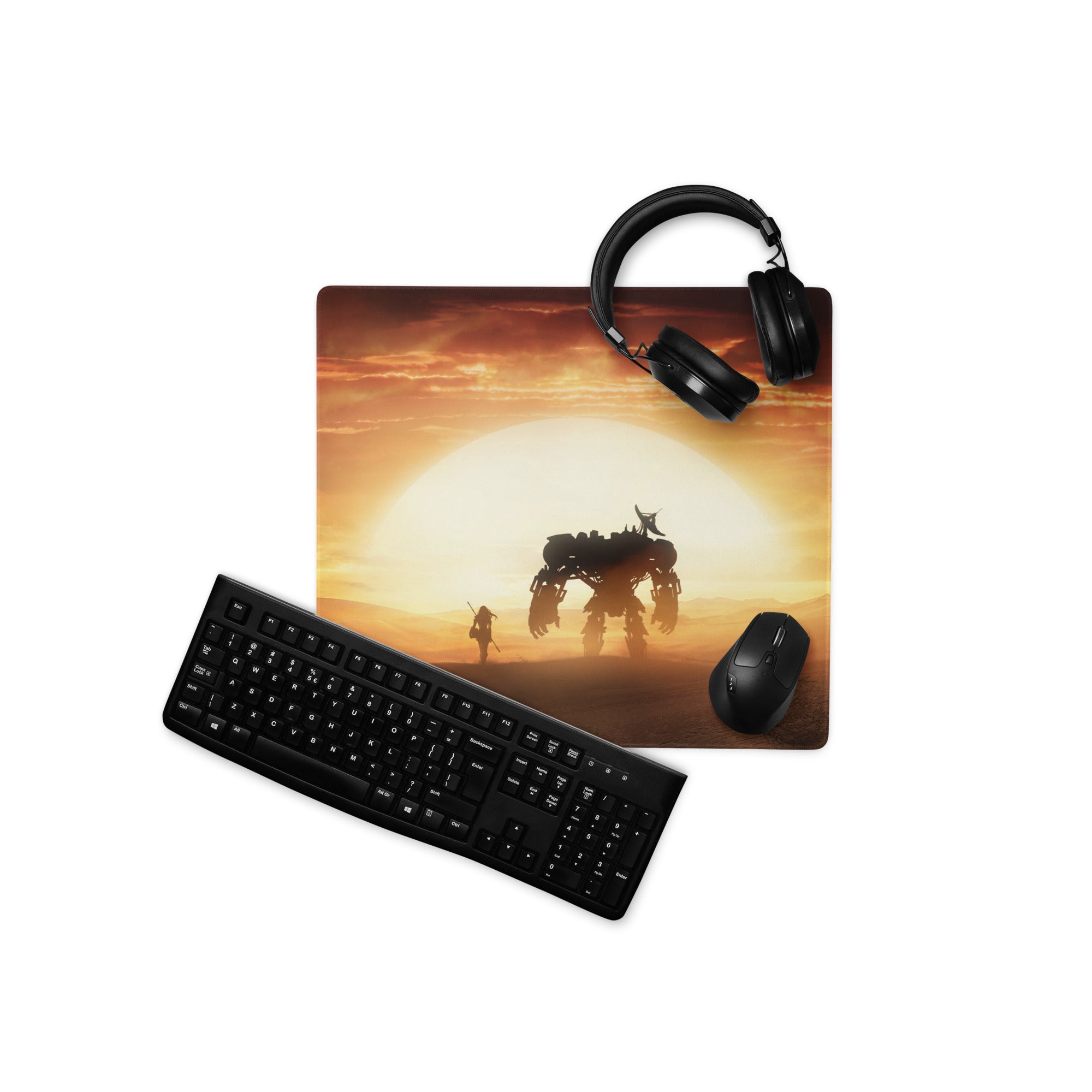Desert Sunset Mecha Gaming Mouse Pad In Warm Orange Browns For Desktop Setup Cinematic Sci Fi Style