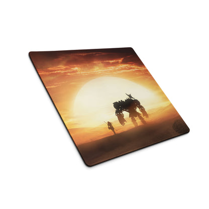 Desert Sunset Mecha Gaming Mouse Pad In Warm Orange Browns For Desktop Setup Cinematic Sci Fi Style