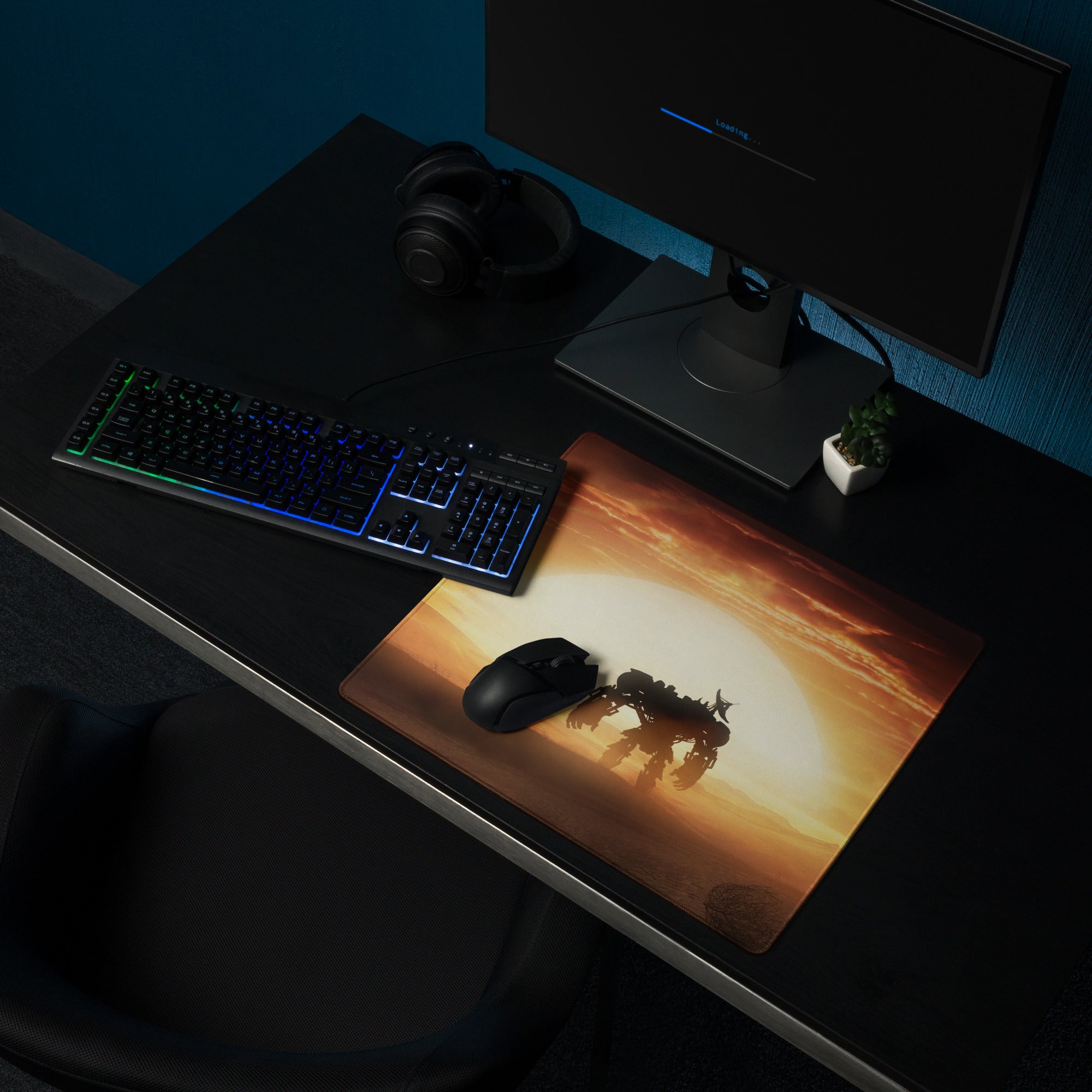 Desert Sunset Mecha Gaming Mouse Pad In Warm Orange Browns For Desktop Setup Cinematic Sci Fi Style