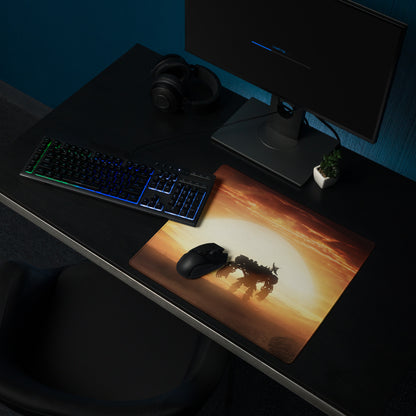 Desert Sunset Mecha Gaming Mouse Pad In Warm Orange Browns For Desktop Setup Cinematic Sci Fi Style