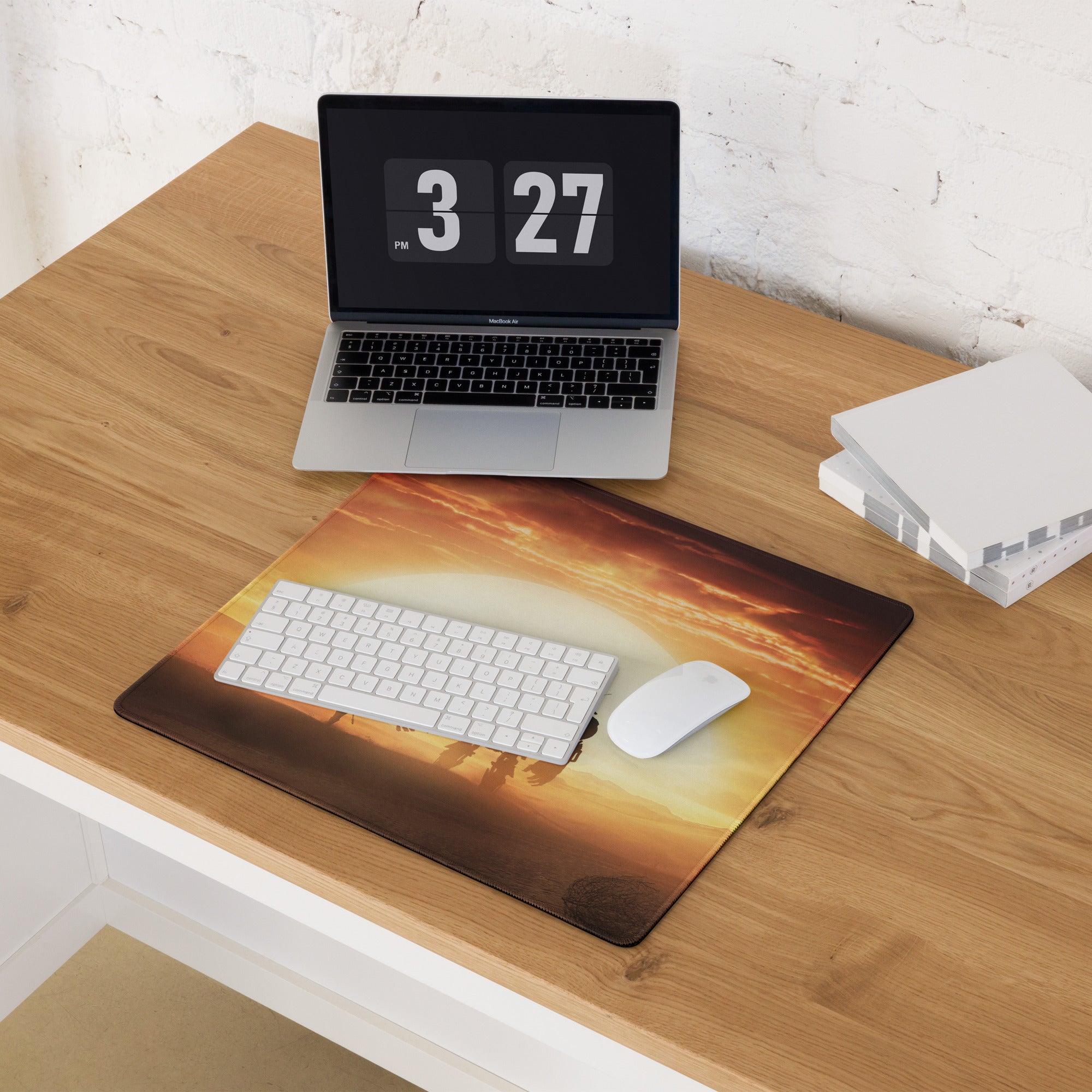 Desert Sunset Mecha Gaming Mouse Pad In Warm Orange Browns For Desktop Setup Cinematic Sci Fi Style