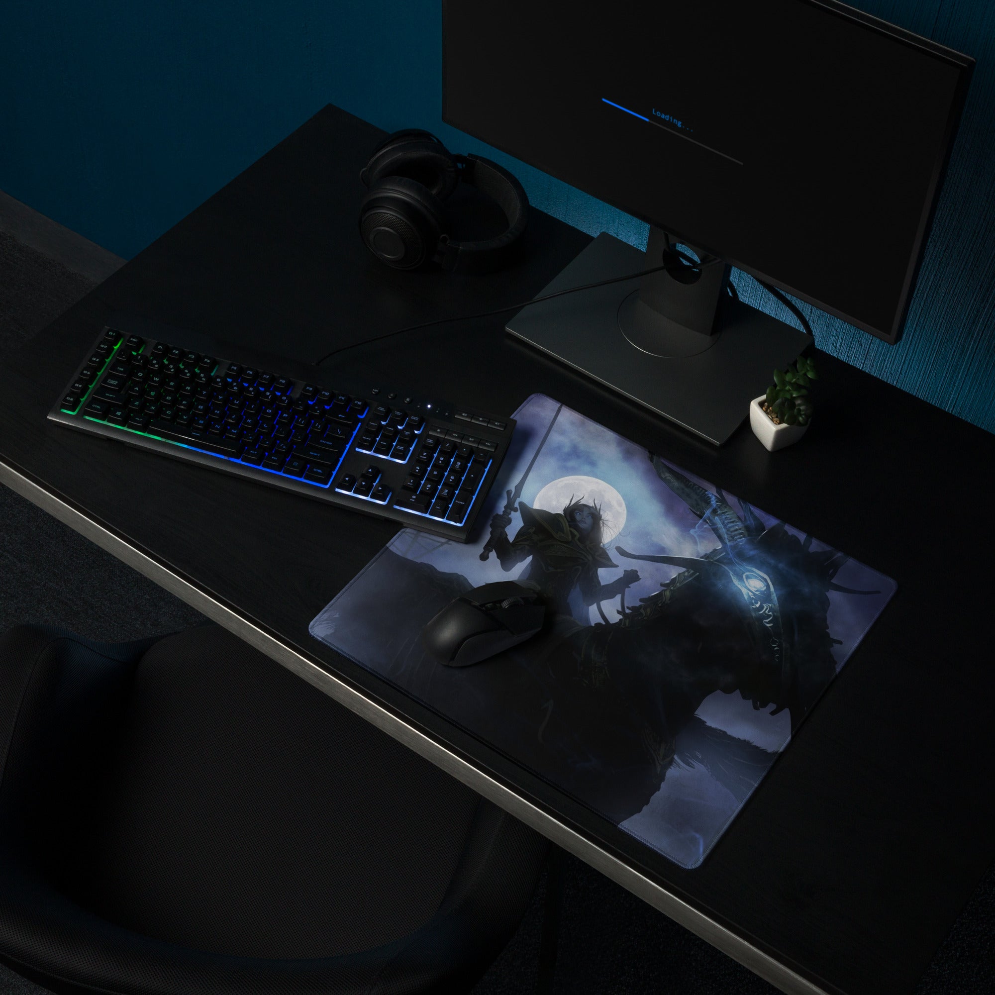Fantasy Battle Theme Gaming Mouse Pad In Deep Blue And Purple For Desktop Setup Immersive Cinematic Digital Art Style