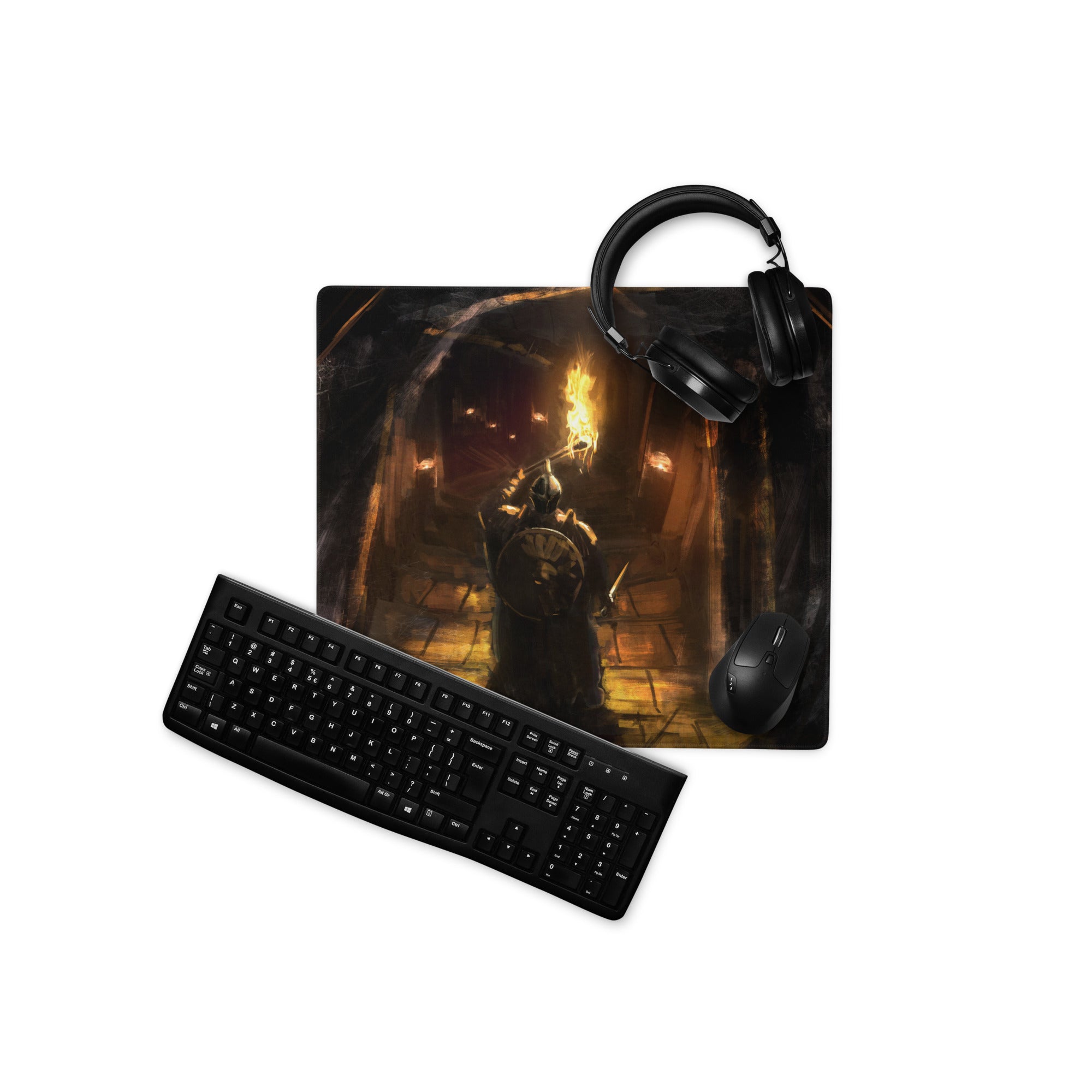 Dark Knight Gamer Mouse Pad Orange Flame Digital Art for Desktop Setup and Pro Gaming Station