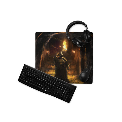 Dark Knight Gamer Mouse Pad Orange Flame Digital Art for Desktop Setup and Pro Gaming Station