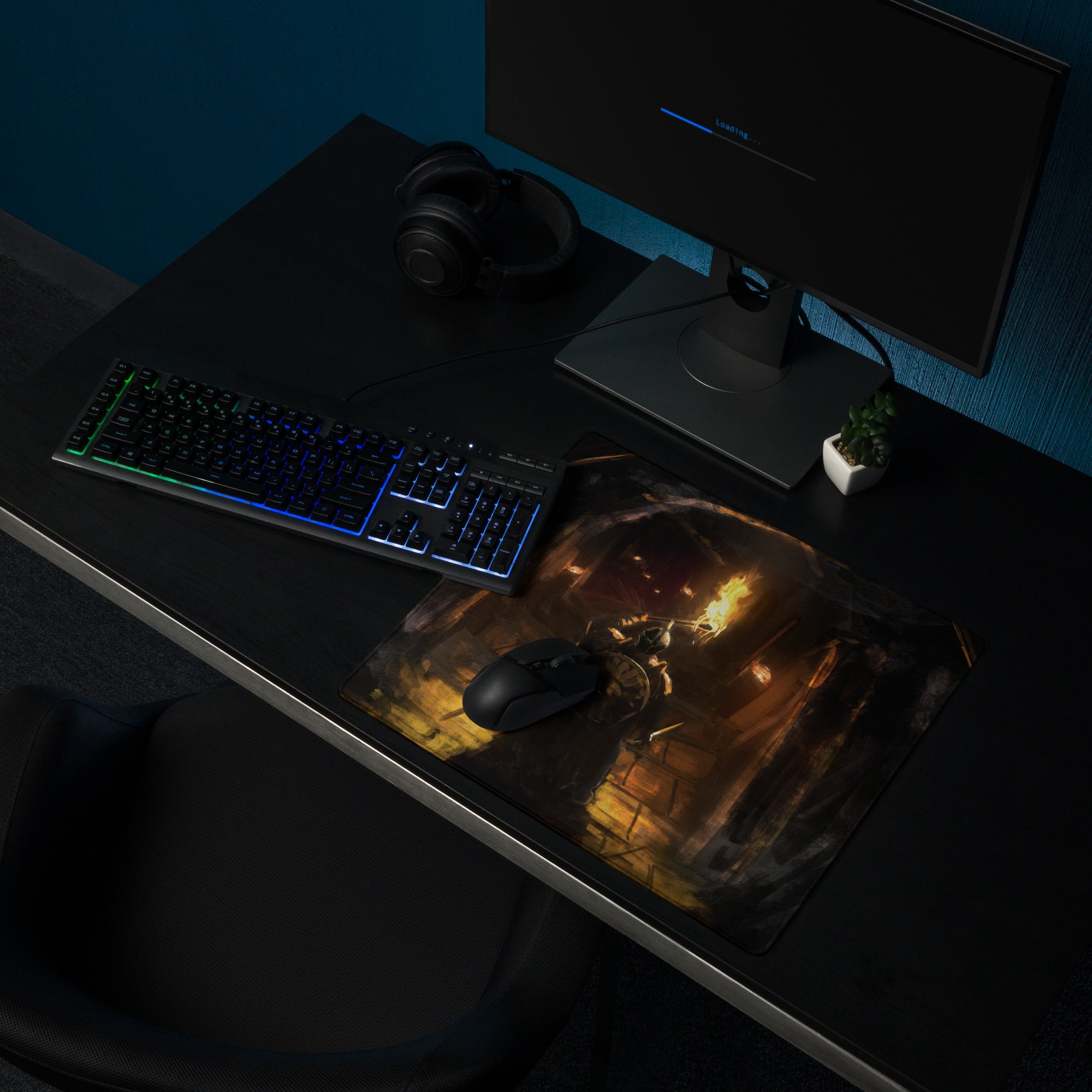 Dark Knight Gamer Mouse Pad Orange Flame Digital Art for Desktop Setup and Pro Gaming Station