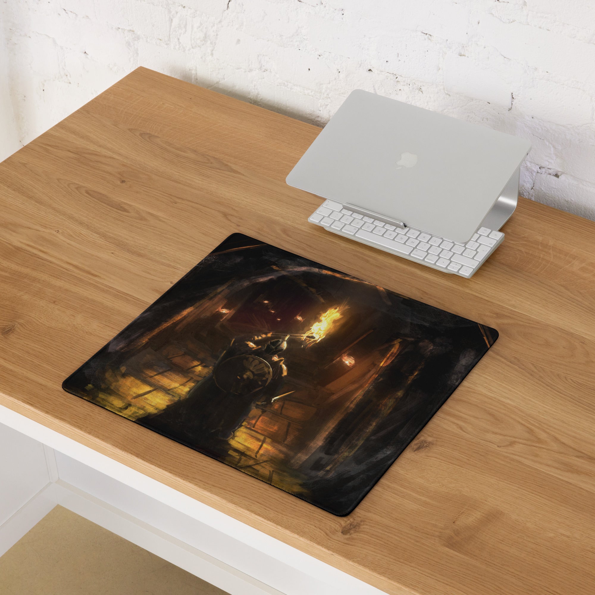 Dark Knight Gamer Mouse Pad Orange Flame Digital Art for Desktop Setup and Pro Gaming Station