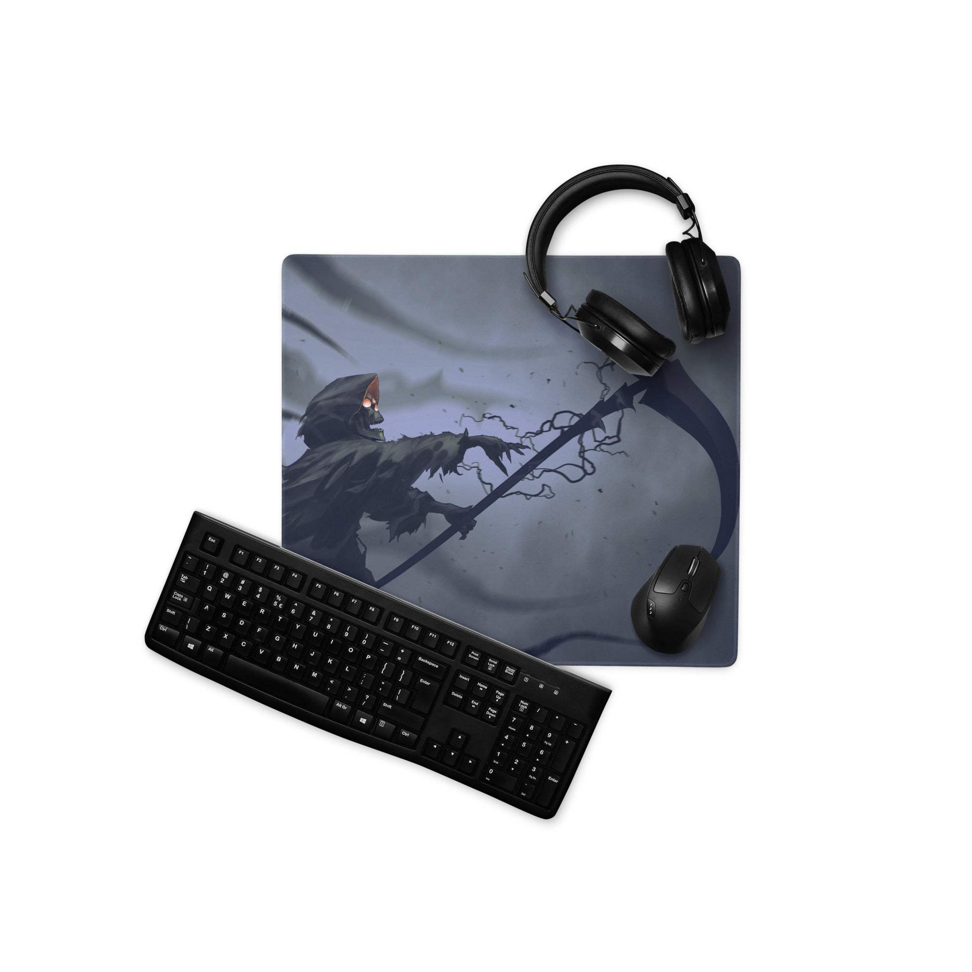 Dark gray gaming mousepad with detailed illustration of hooded grim reaper with glowing red eyes and staff under stormy skies