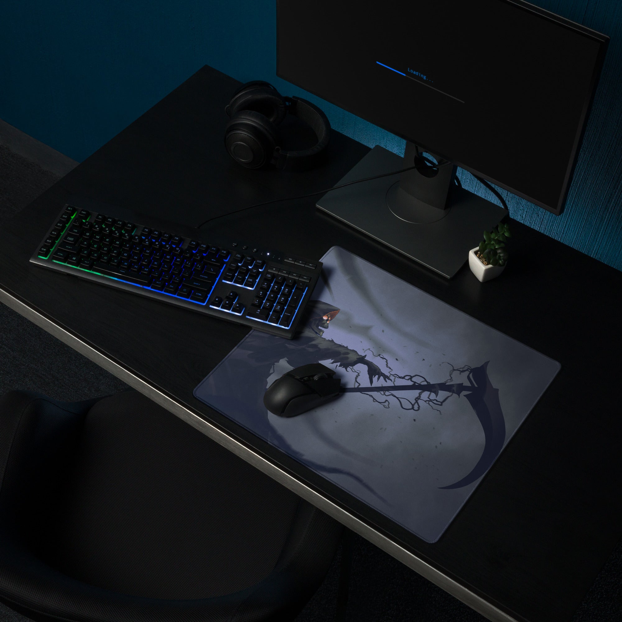 Dark Blue Grim Reaper Gaming Mouse Pad For Gaming Desk Large Size Non Slip Base Edge Stitching Epic Fantasy Art