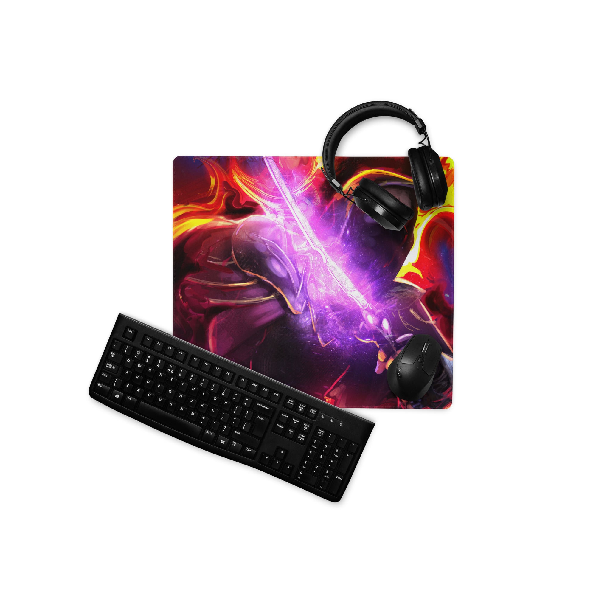 Gaming Mouse Pad Purple Red Neon Swirls For Desk Setup In Abstract Digital Art Style