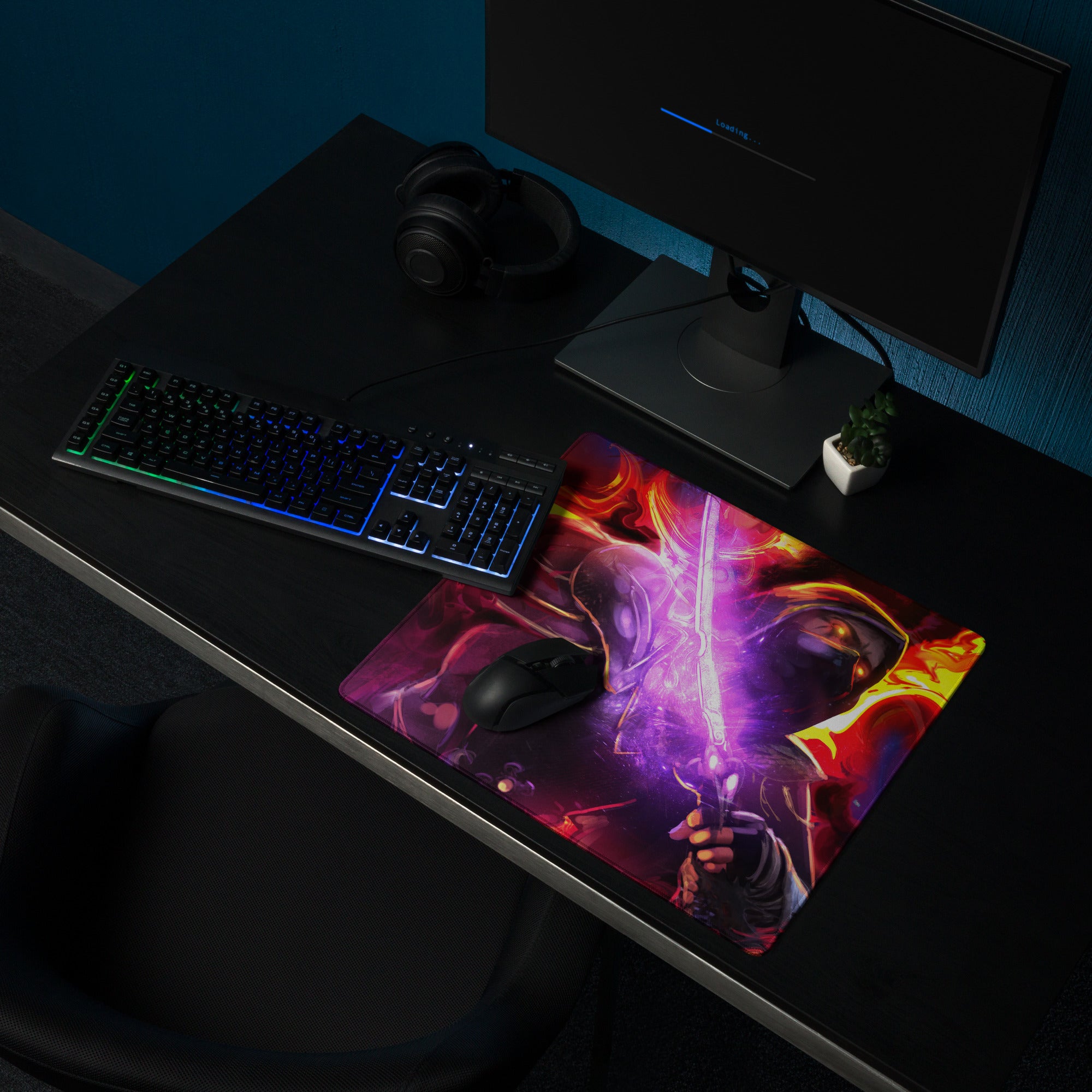 Gaming Mouse Pad Purple Red Neon Swirls For Desk Setup In Abstract Digital Art Style