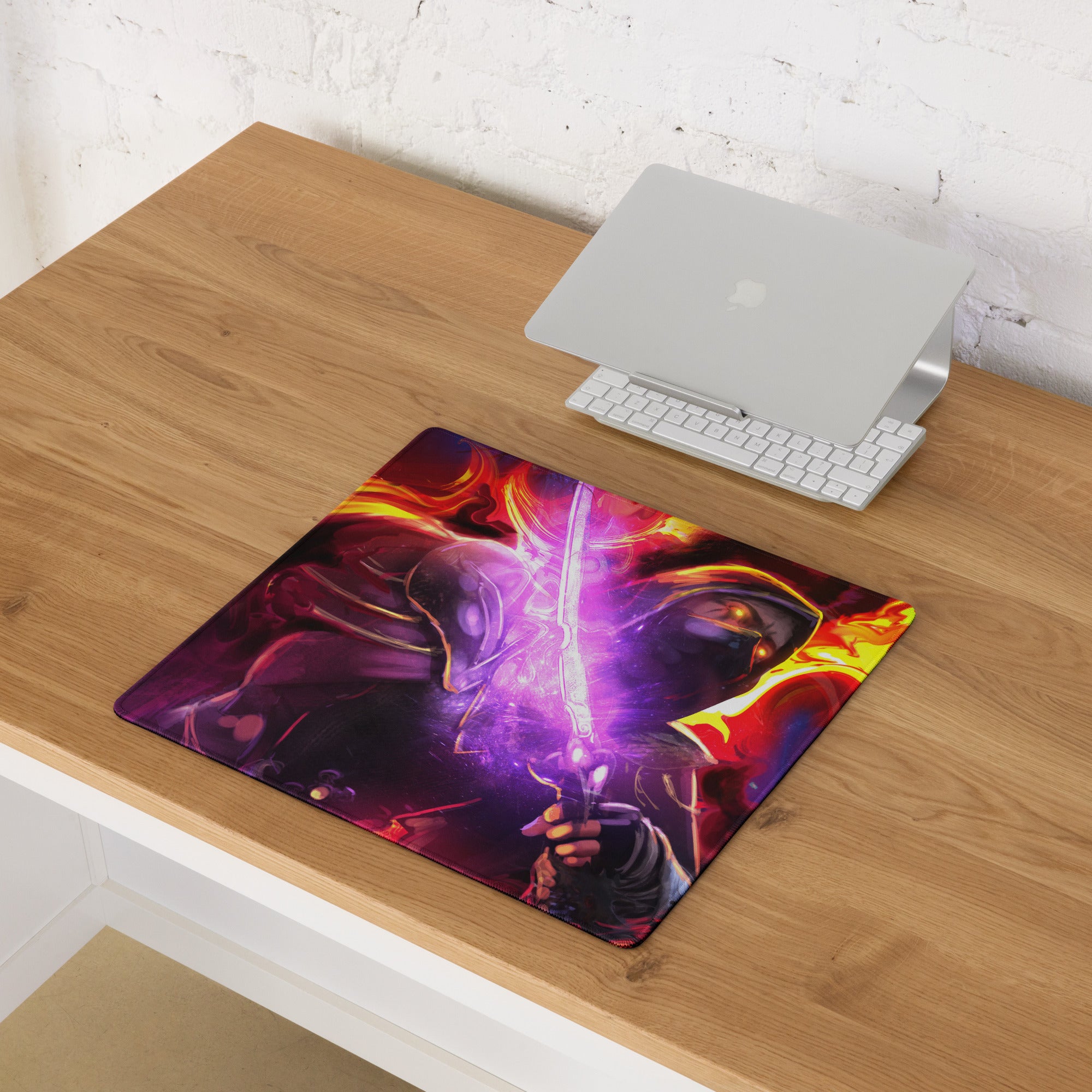 Gaming Mouse Pad Purple Red Neon Swirls For Desk Setup In Abstract Digital Art Style