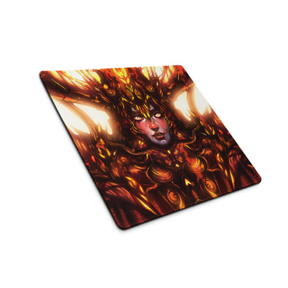 Fiery Demon Goddess Gaming Mouse Pad Large Orange Red Black Desk Setup Fantasy Art For Esports Setup Digital Artwork