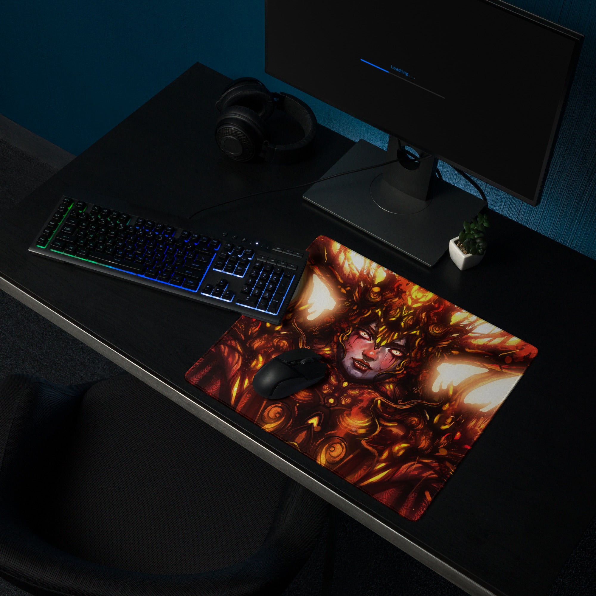 Fiery Demon Goddess Gaming Mouse Pad Large Orange Red Black Desk Setup Fantasy Art For Esports Setup Digital Artwork