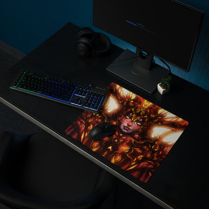 Fiery Demon Goddess Gaming Mouse Pad Large Orange Red Black Desk Setup Fantasy Art For Esports Setup Digital Artwork