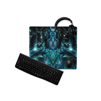 Blue Teal Mystic Fantasy Digital Art Gaming Mouse Pad For PC Setup Large Non Slip Edge Stitch Desk Mat