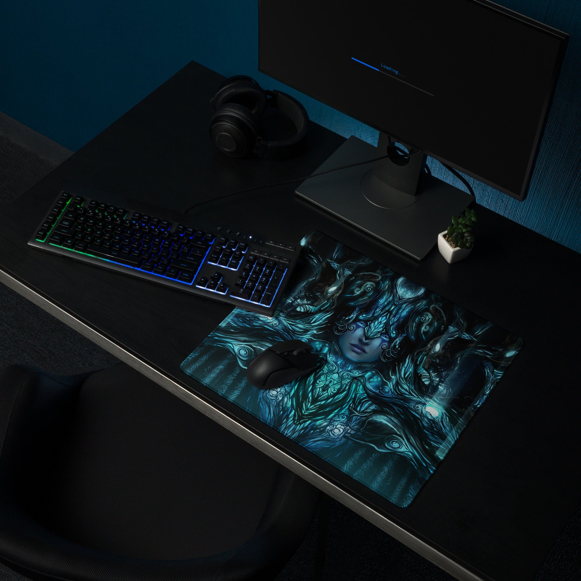 Blue Teal Mystic Fantasy Digital Art Gaming Mouse Pad For PC Setup Large Non Slip Edge Stitch Desk Mat