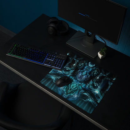 Blue Teal Mystic Fantasy Digital Art Gaming Mouse Pad For PC Setup Large Non Slip Edge Stitch Desk Mat