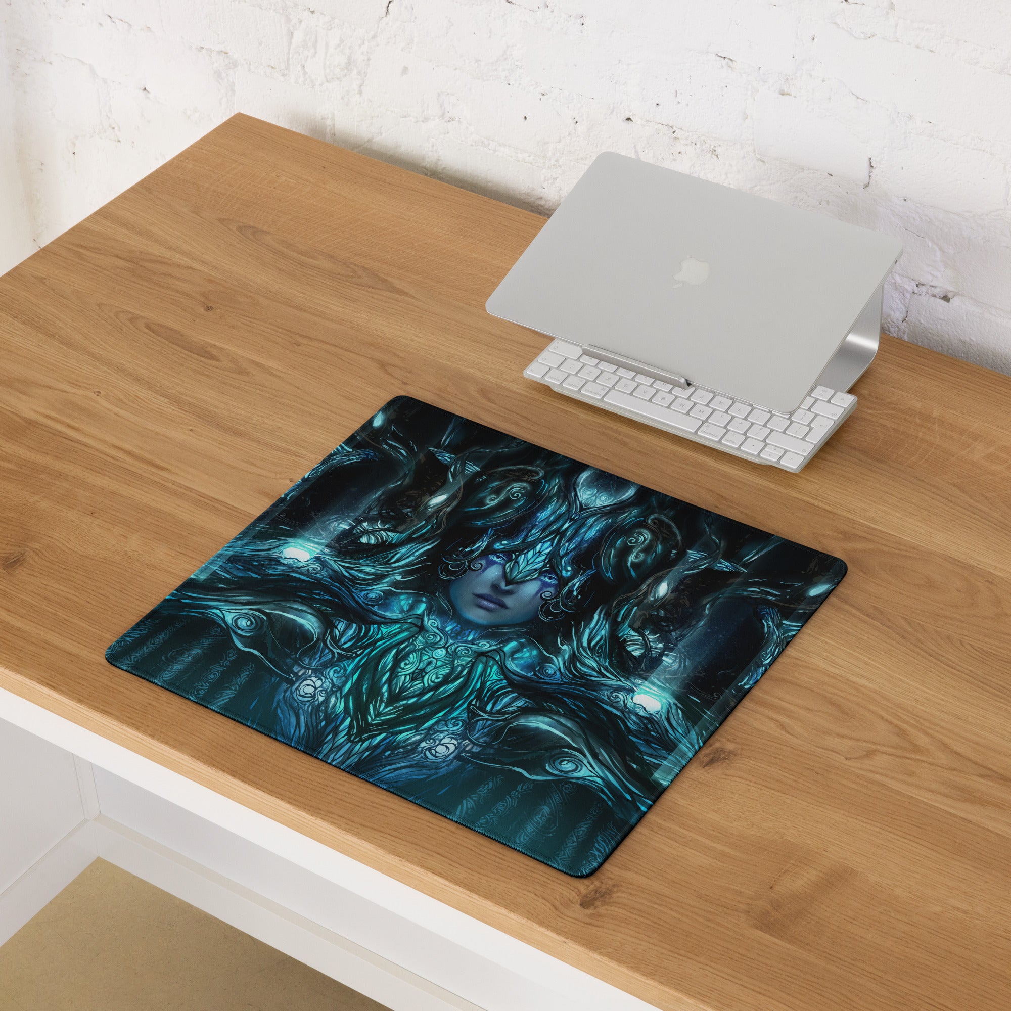 Blue Teal Mystic Fantasy Digital Art Gaming Mouse Pad For PC Setup Large Non Slip Edge Stitch Desk Mat