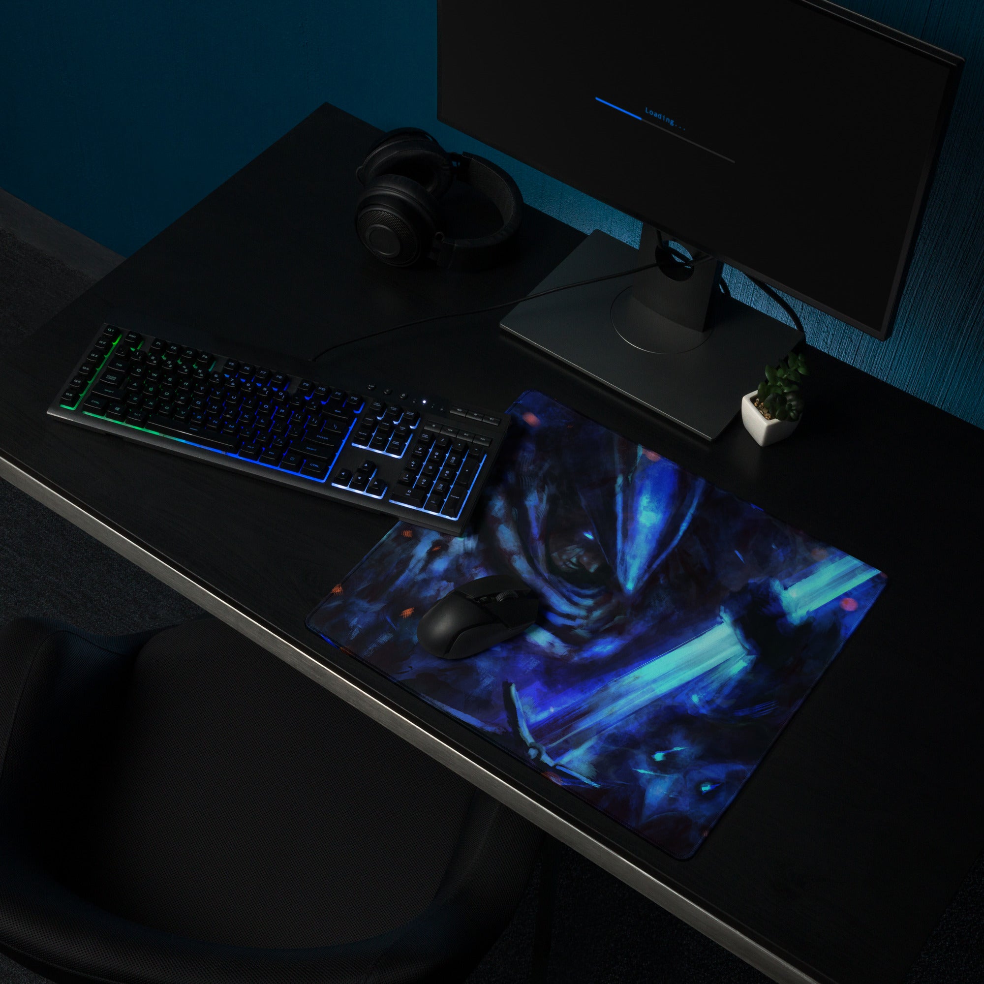 Blue Neon Gaming Mouse Pad For Desk Setup Large Extended Abstract Cyberpunk Digital Art Style