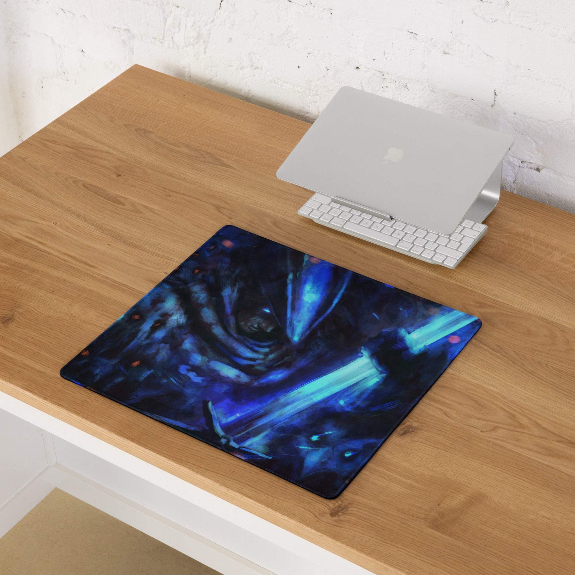 Blue and black fantasy-themed gaming mousepad with glowing blue neon light effects for cyberpunk desk setup