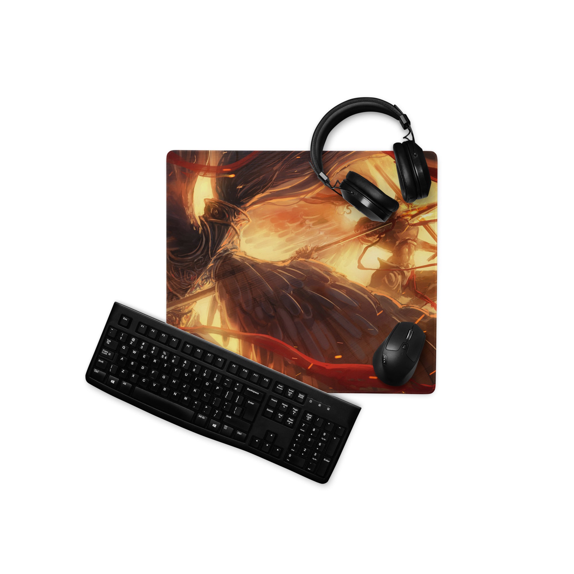 Gaming Mouse Pad Red Orange Black Large Non Slip Edge Stitching For CSGO Dota Setup Dynamic Fiery Warrior Illustration