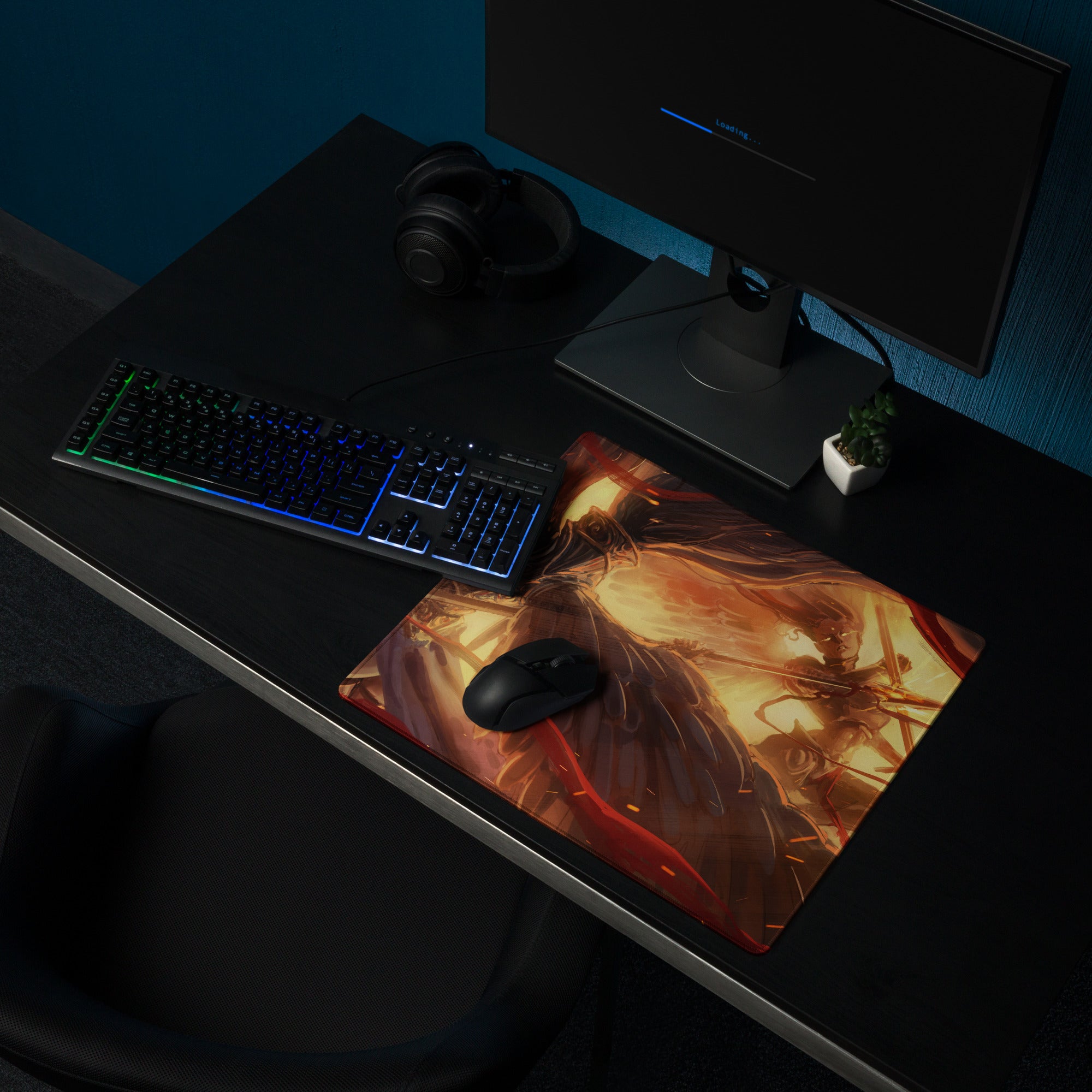 Gaming Mouse Pad Red Orange Black Large Non Slip Edge Stitching For CSGO Dota Setup Dynamic Fiery Warrior Illustration