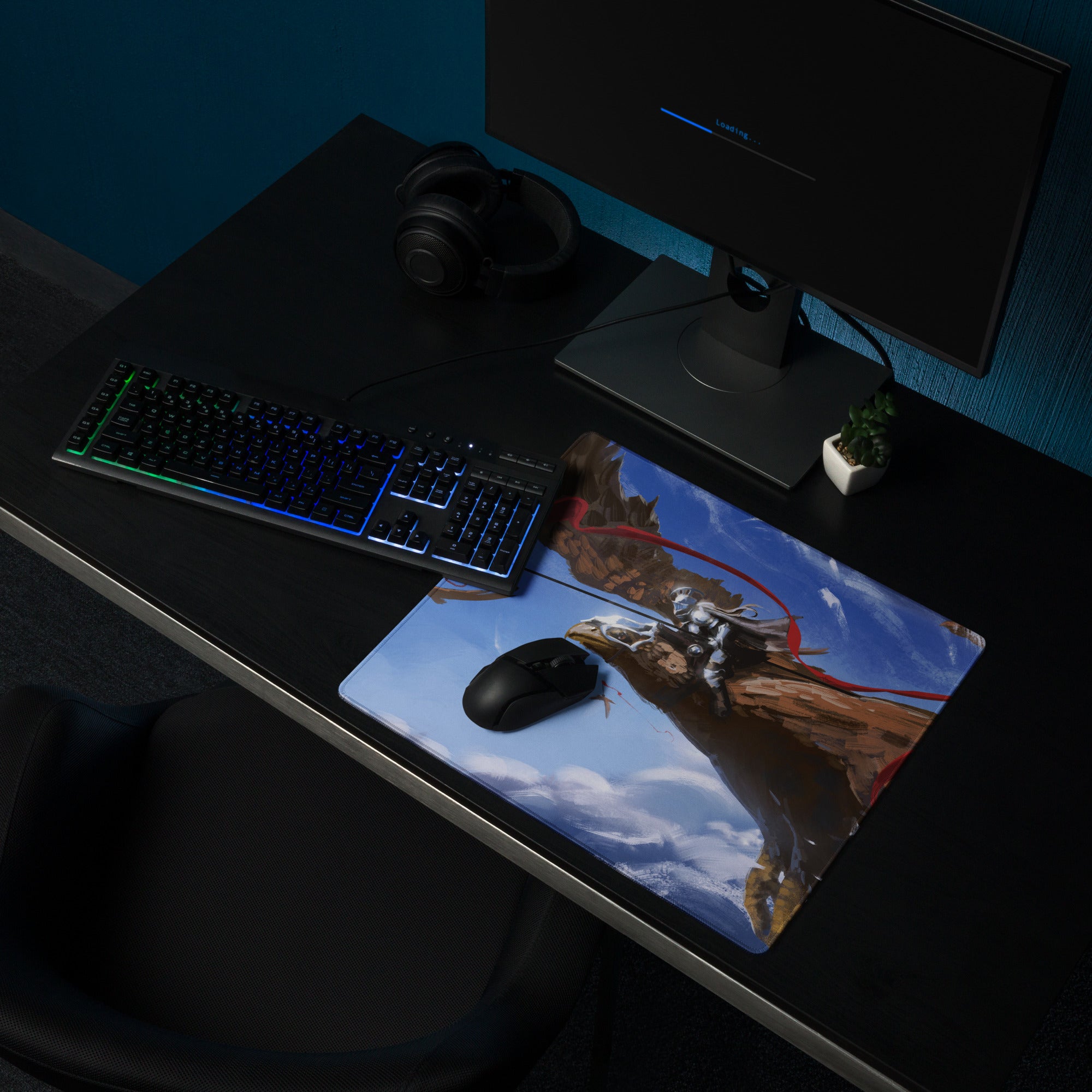 Gaming Mouse Pad Blue Dragon Scene for Gaming Desk Setup Fantasy Art Style Large Non Slip Edge Stitching
