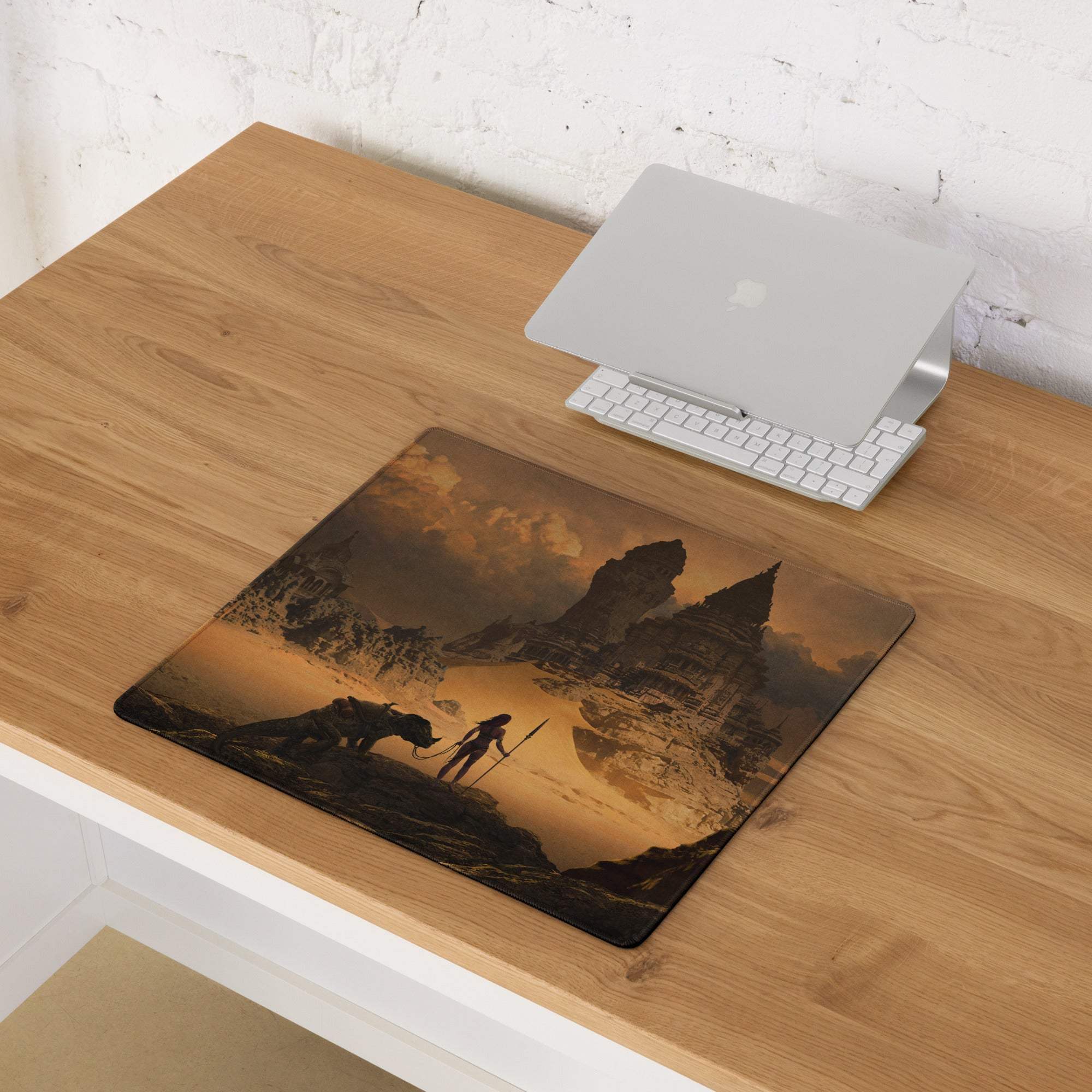 Rectangular desert citadel gaming mouse pad with smooth surface featuring desert browns and cinematic ruins design