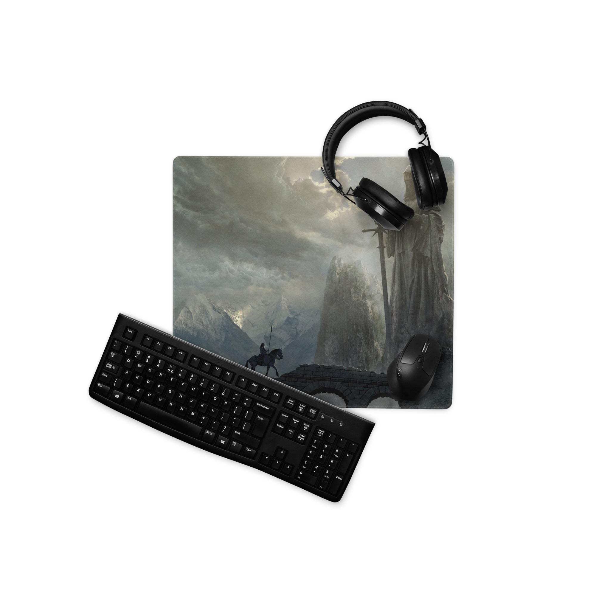 Black gaming mousepad featuring a dramatic fantasy scene with a lone rider against misty mountains and stone ruins