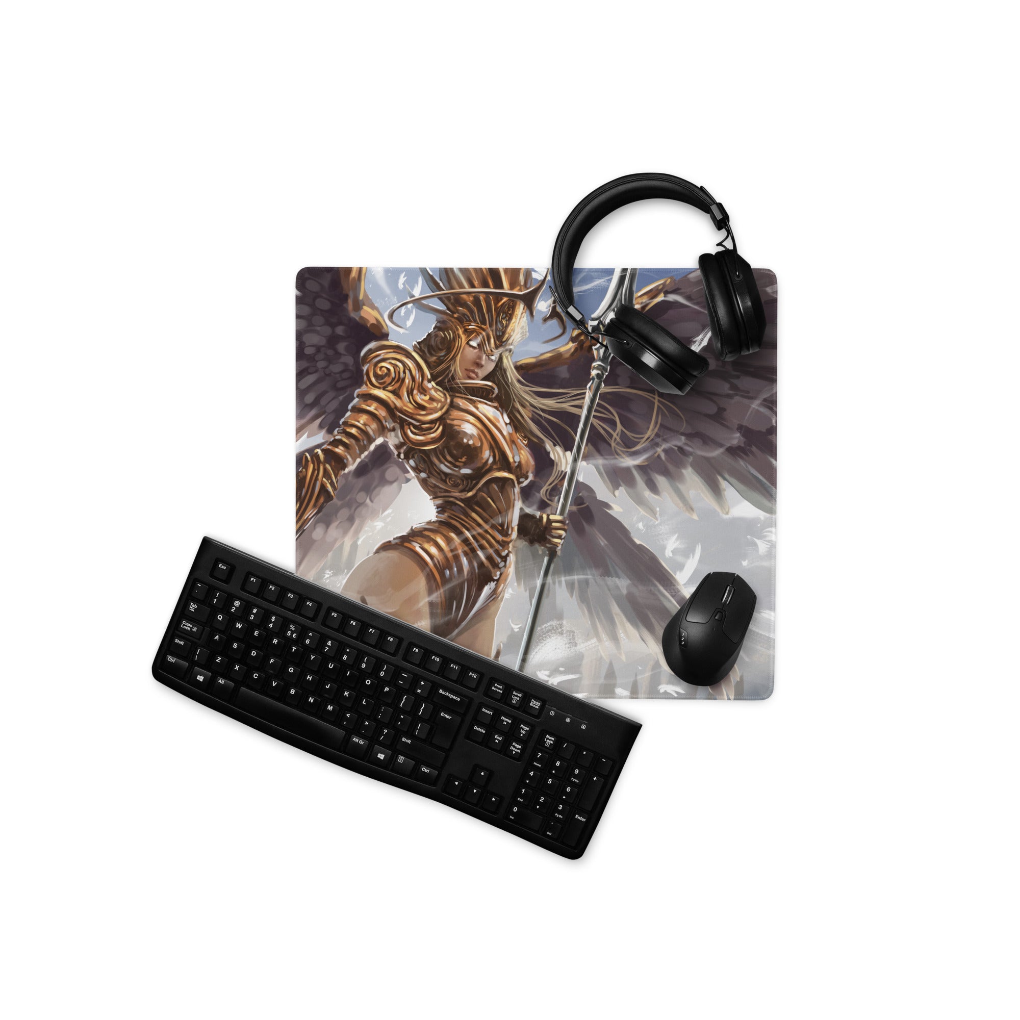 Gaming Mouse Pad Large Desk Mat With Bronze Gold Fantasy Warrior Illustration For Epic Winged Armor Gaming Setup
