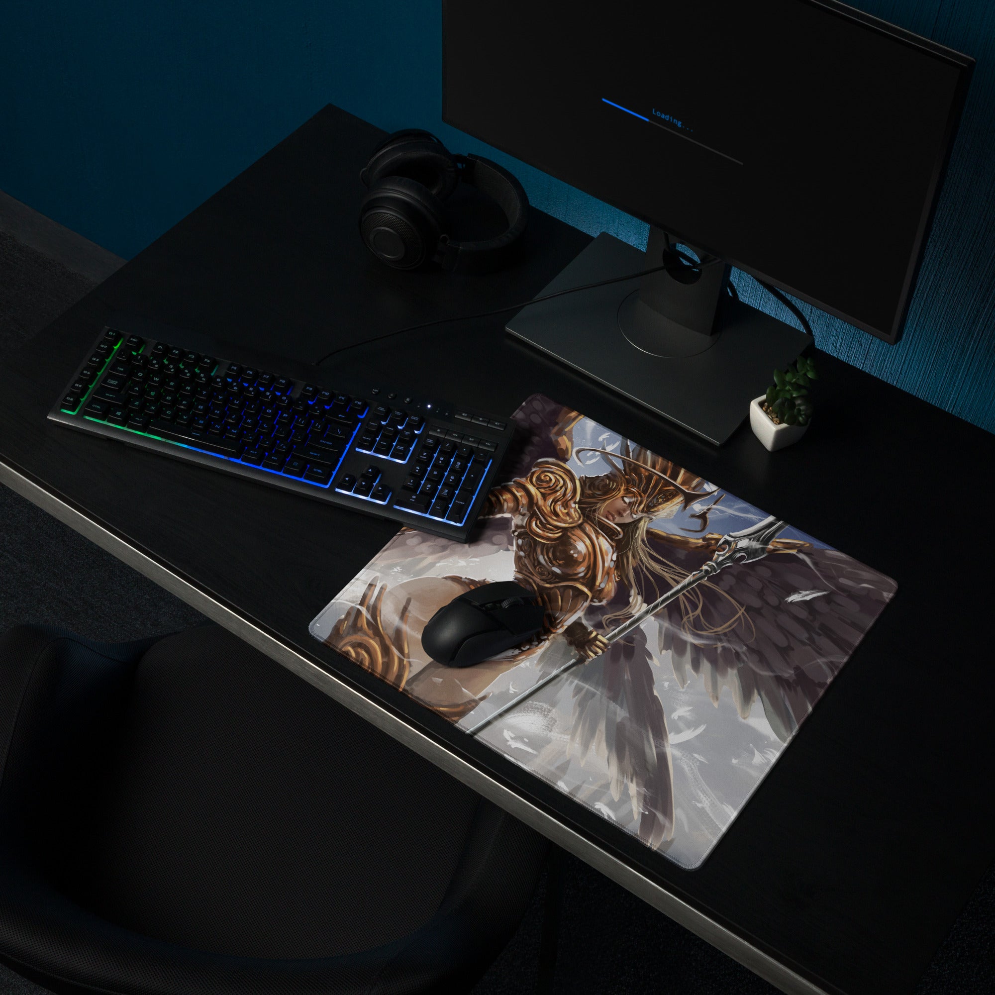 Gaming Mouse Pad Large Desk Mat With Bronze Gold Fantasy Warrior Illustration For Epic Winged Armor Gaming Setup