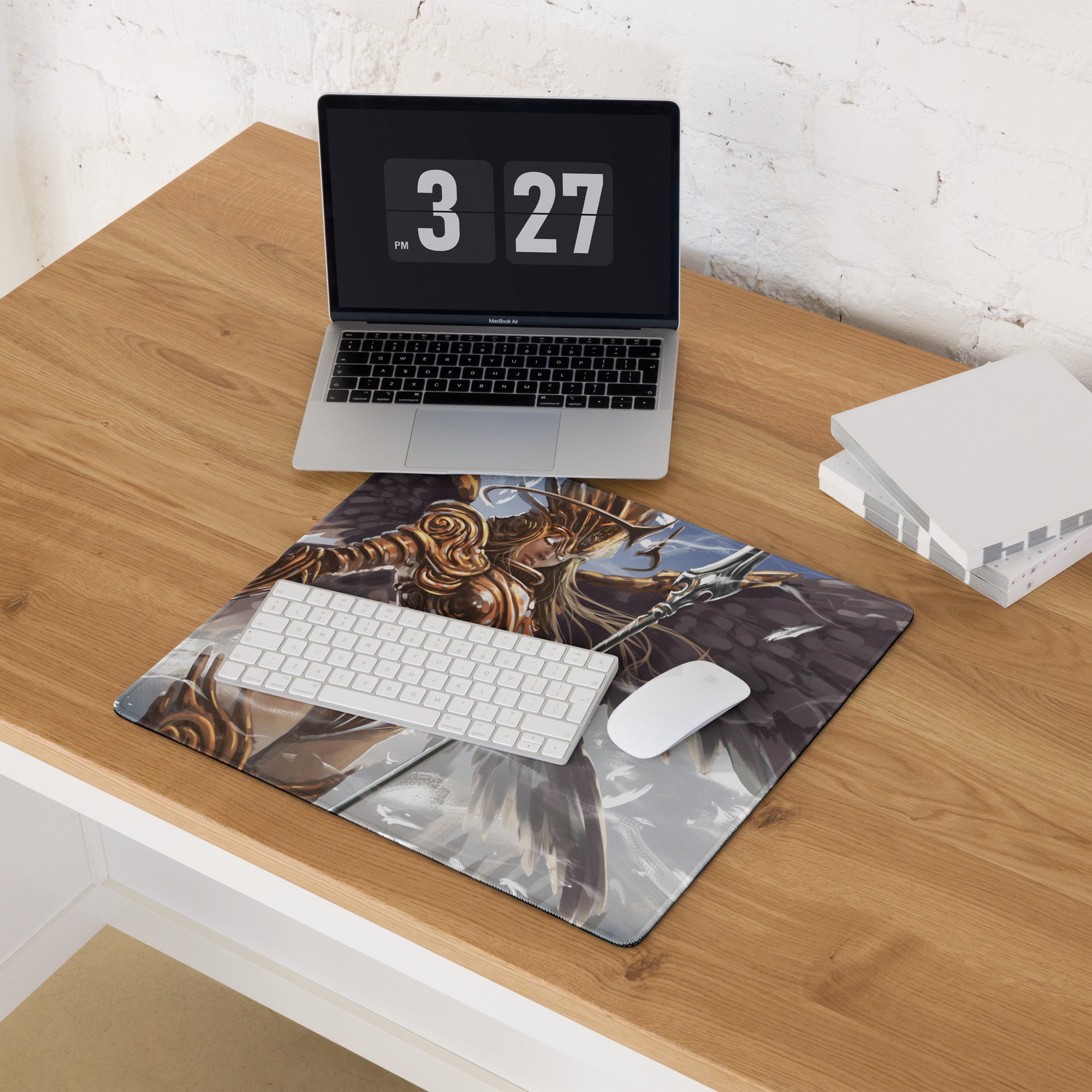 Gaming Mouse Pad Large Desk Mat With Bronze Gold Fantasy Warrior Illustration For Epic Winged Armor Gaming Setup