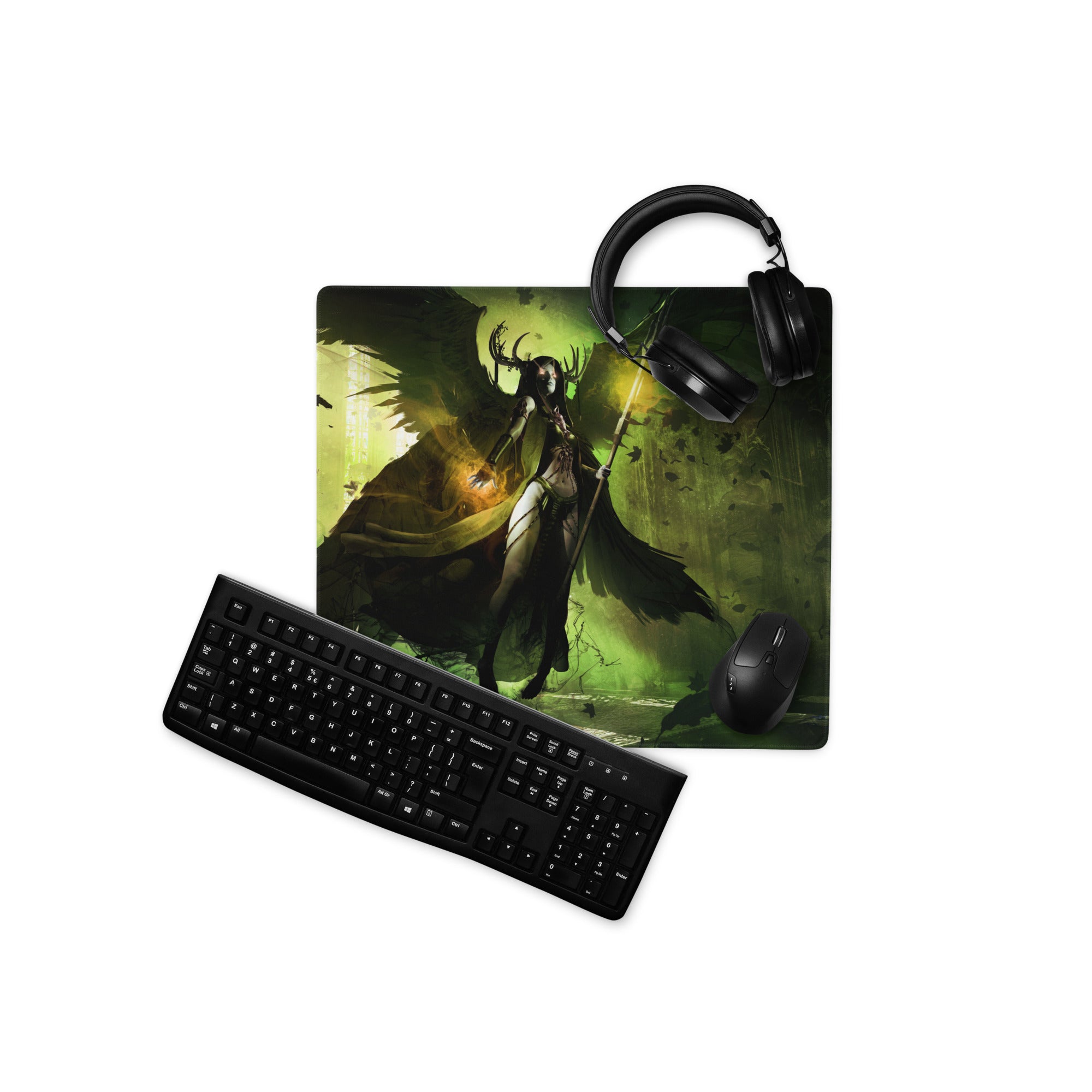 Gaming Mouse Pad Green Black Large Desk Mat For Gaming Setup Fantasy Art Style Moody Theme