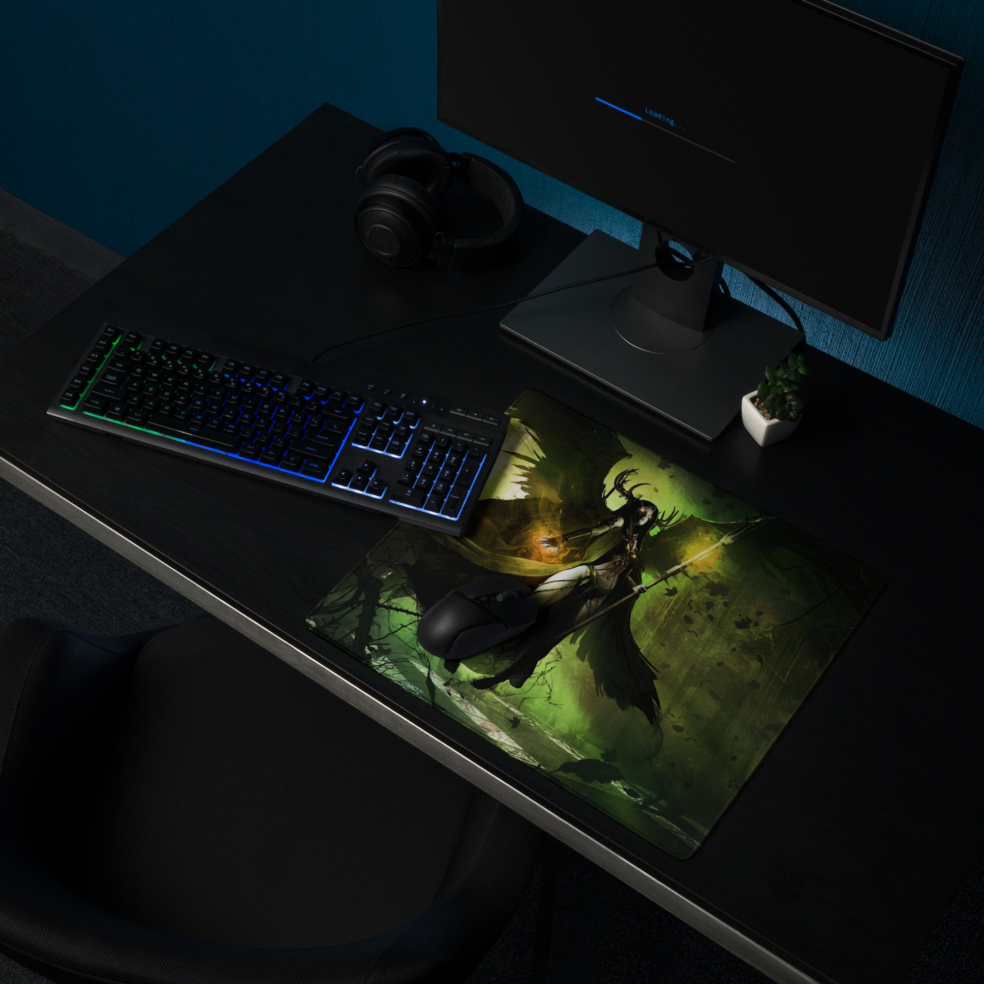 Gaming Mouse Pad Green Black Large Desk Mat For Gaming Setup Fantasy Art Style Moody Theme