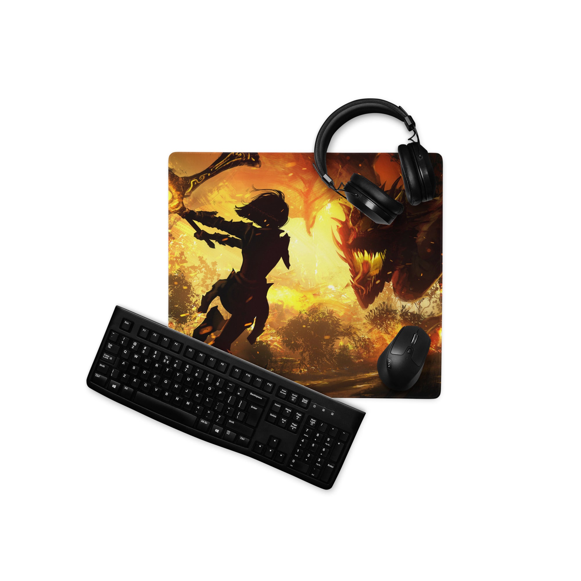 Gaming Mouse Pad Fiery Orange Black Dragon Battle Digital Art For Gaming Desk Mat