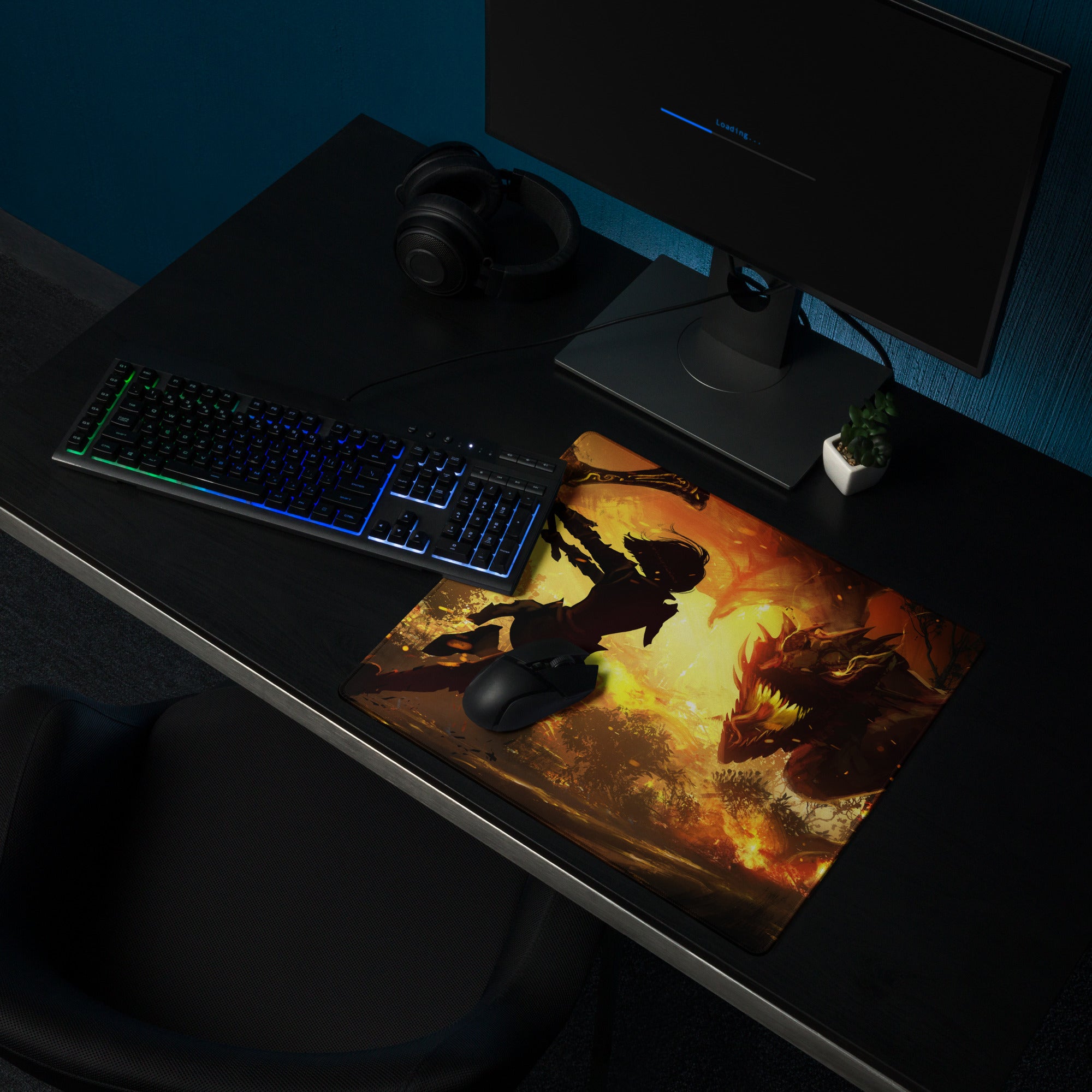 Gaming Mouse Pad Fiery Orange Black Dragon Battle Digital Art For Gaming Desk Mat