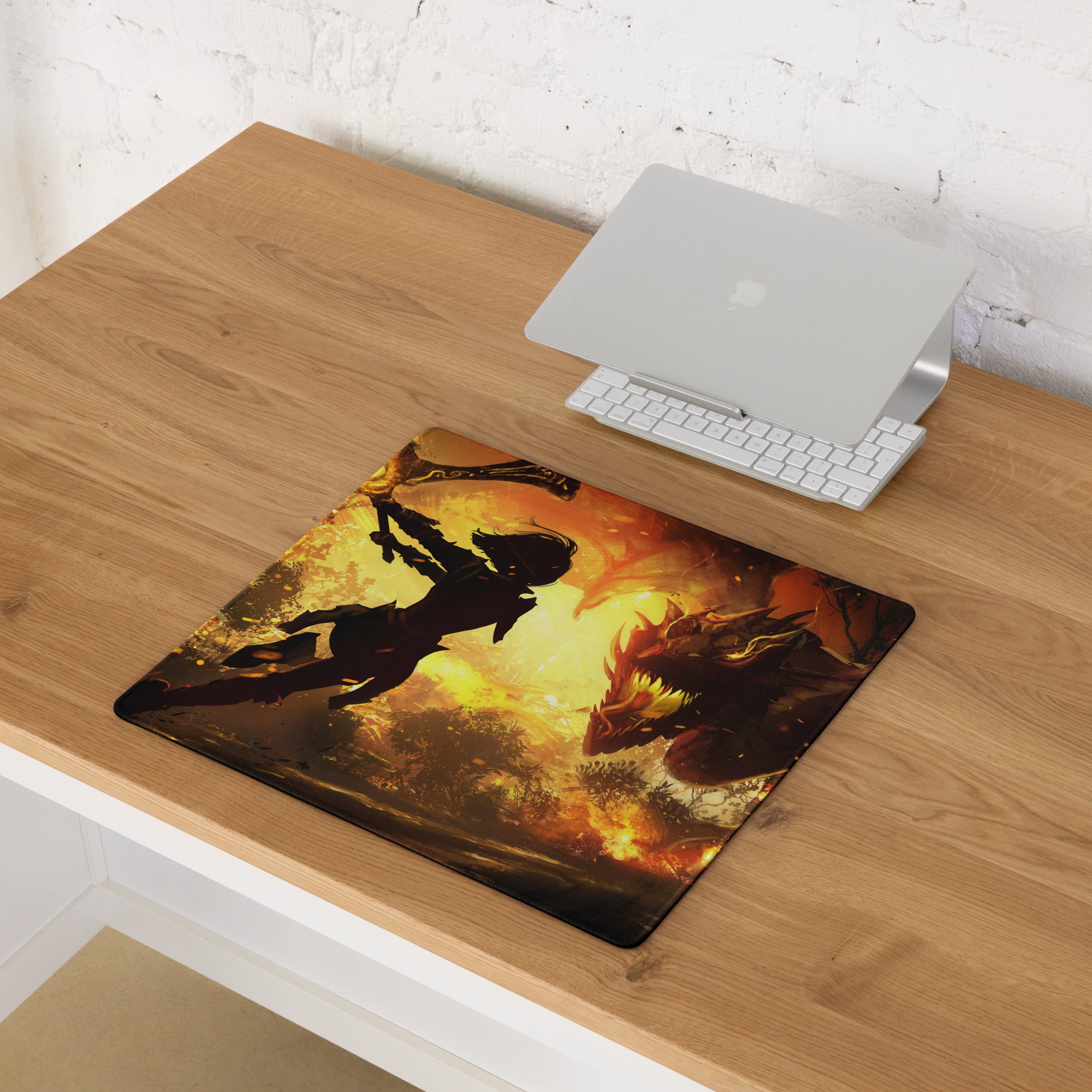 Gaming Mouse Pad Fiery Orange Black Dragon Battle Digital Art For Gaming Desk Mat