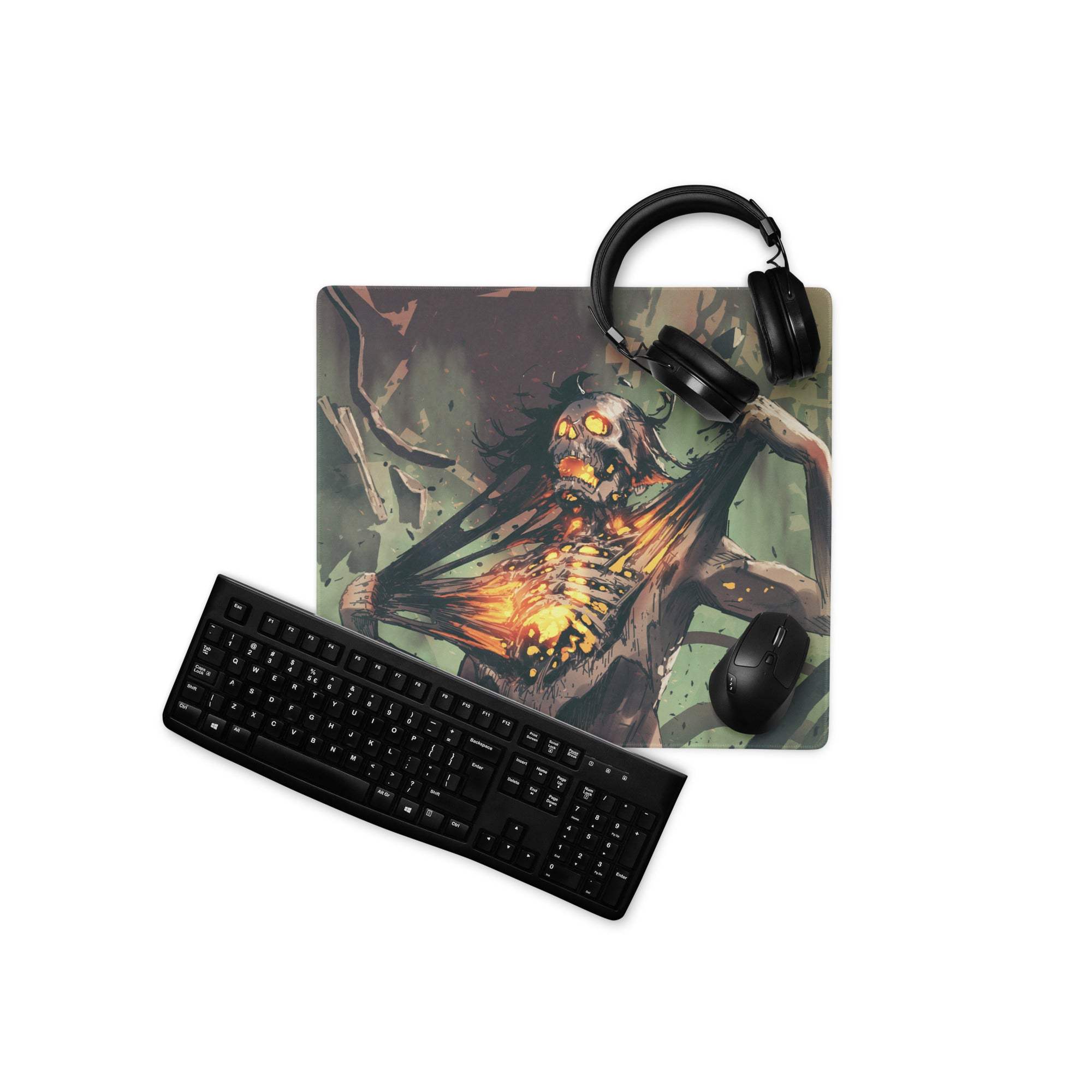 Black gaming mousepad featuring a fiery skeletal creature with glowing orange eyes in a comic book style design