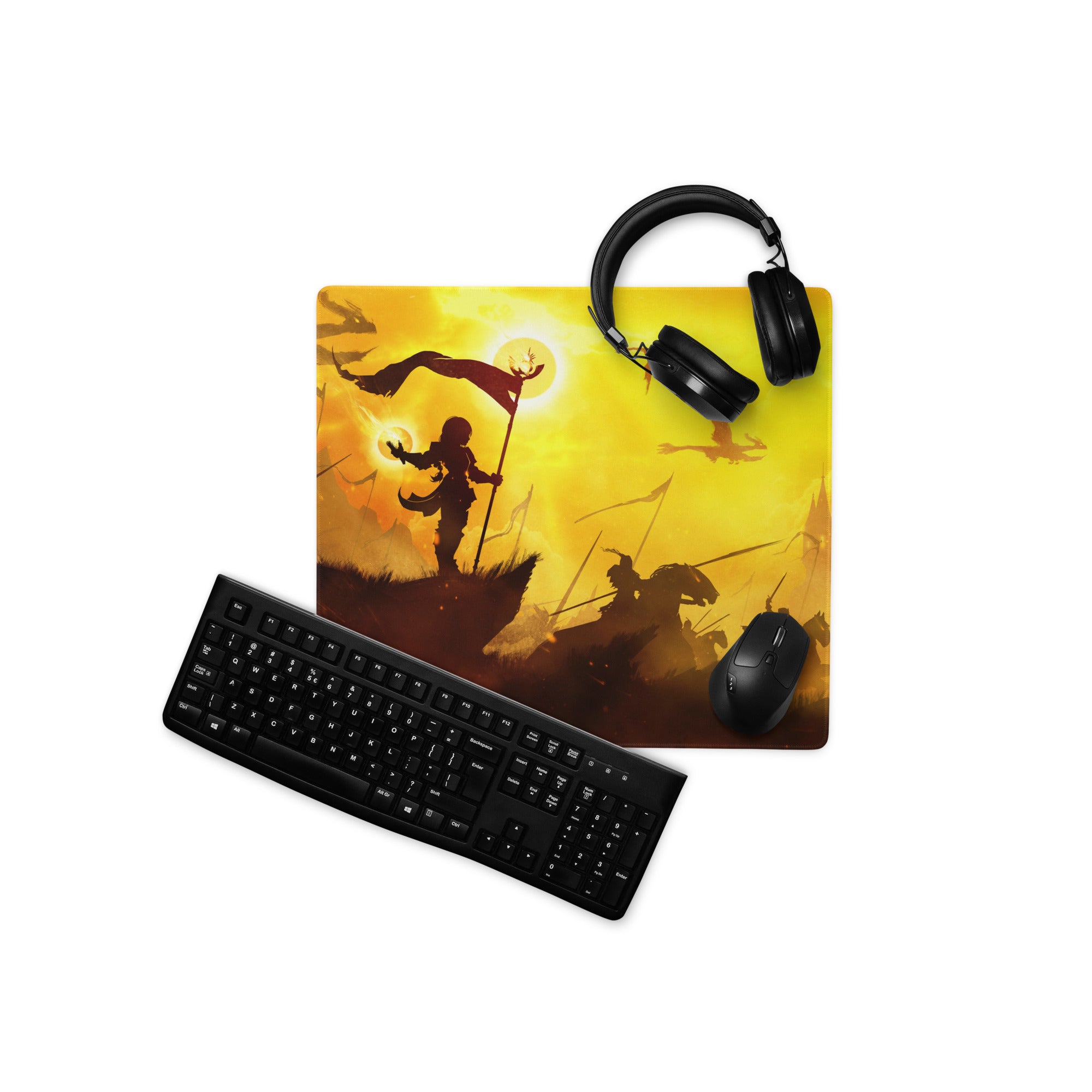 Orange Yellow Fantasy Battle Scene Gaming Mouse Pad Large Non Slip Edge Stitching For Gaming Setup