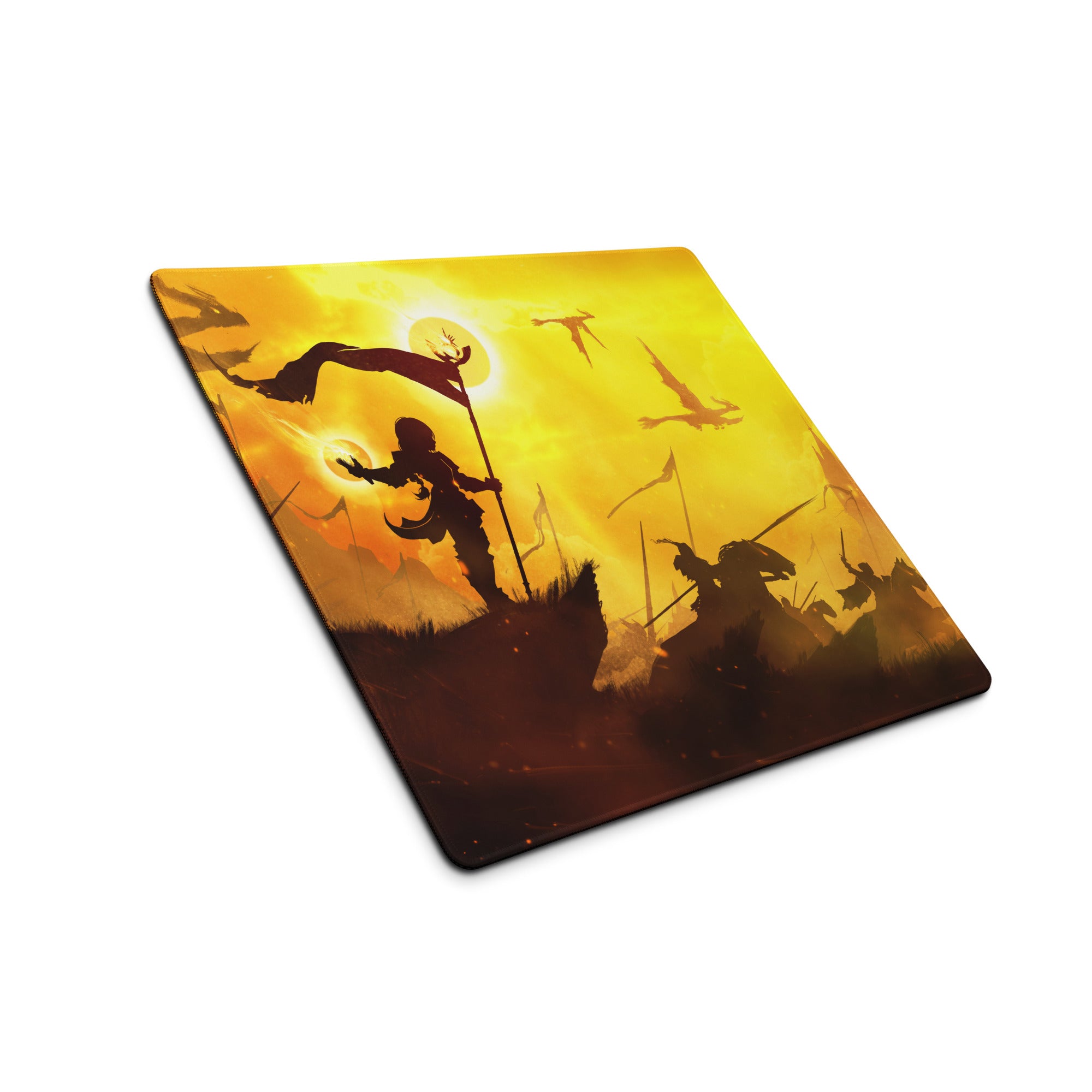Orange Yellow Fantasy Battle Scene Gaming Mouse Pad Large Non Slip Edge Stitching For Gaming Setup
