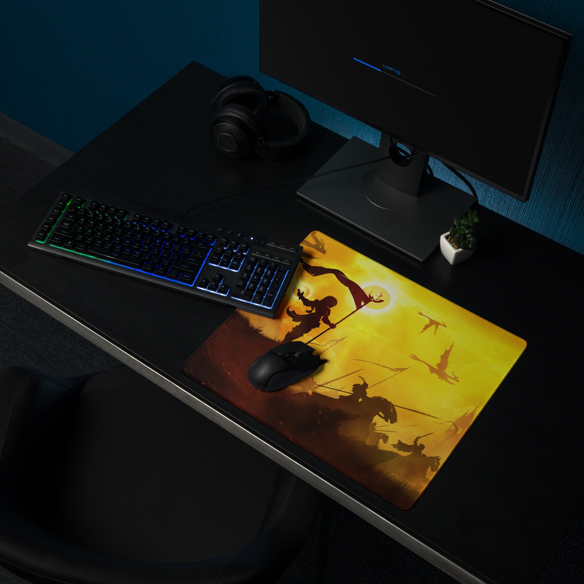 Orange Yellow Fantasy Battle Scene Gaming Mouse Pad Large Non Slip Edge Stitching For Gaming Setup