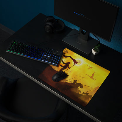 Orange Yellow Fantasy Battle Scene Gaming Mouse Pad Large Non Slip Edge Stitching For Gaming Setup