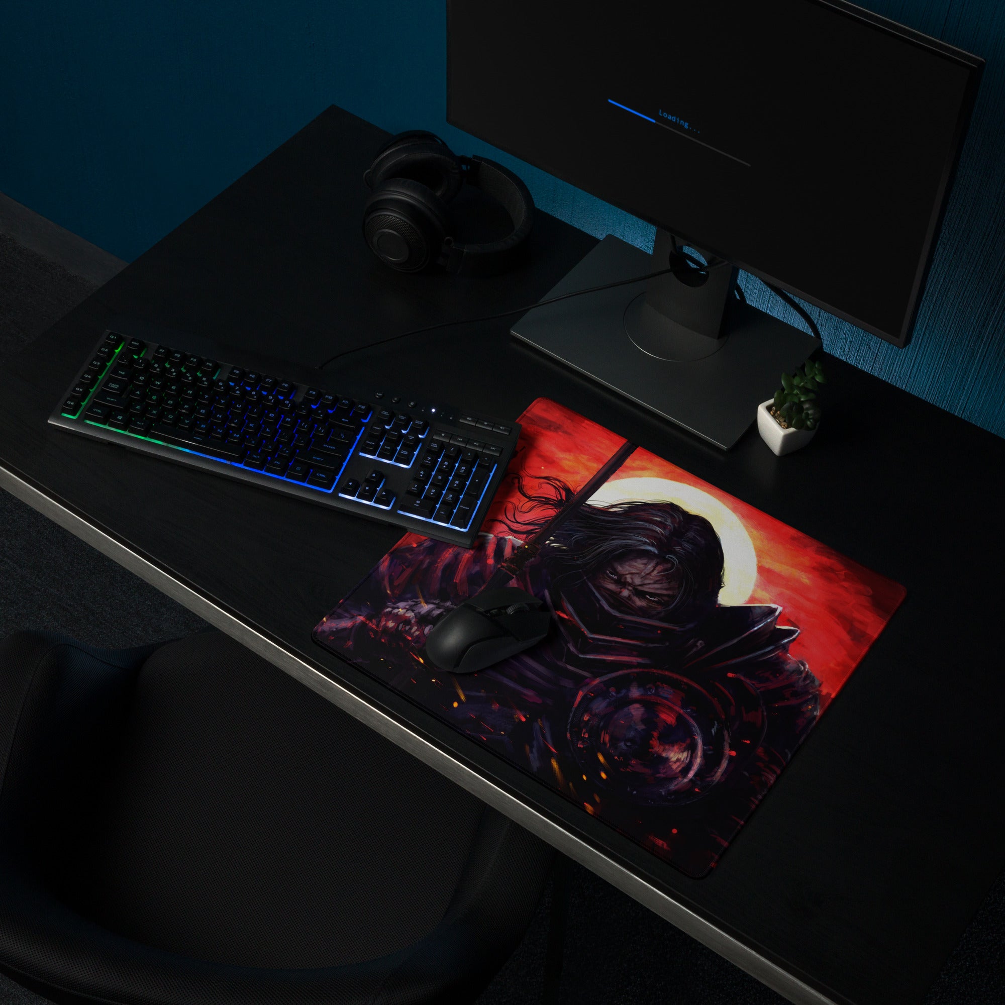 Red And Black Fiery Warrior Gaming Setup Mouse Pad Large Non Slip Desk Mat For Gaming Epic Dark Fantasy Digital Art