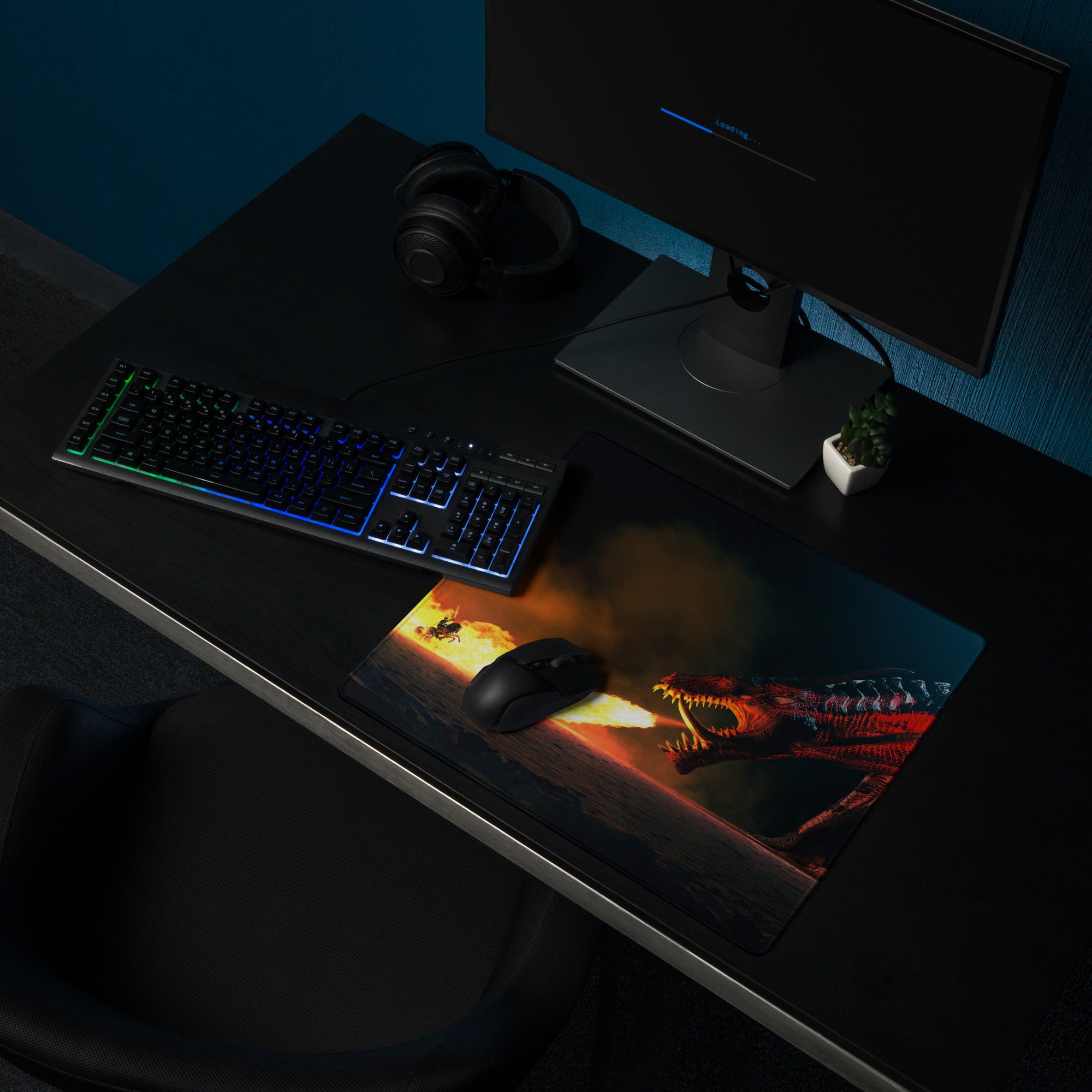 Dragon Fire Gaming Mouse Pad Dark Blue Orange Large Desk Mat For PC And Console Setup Epic Fantasy Artwork