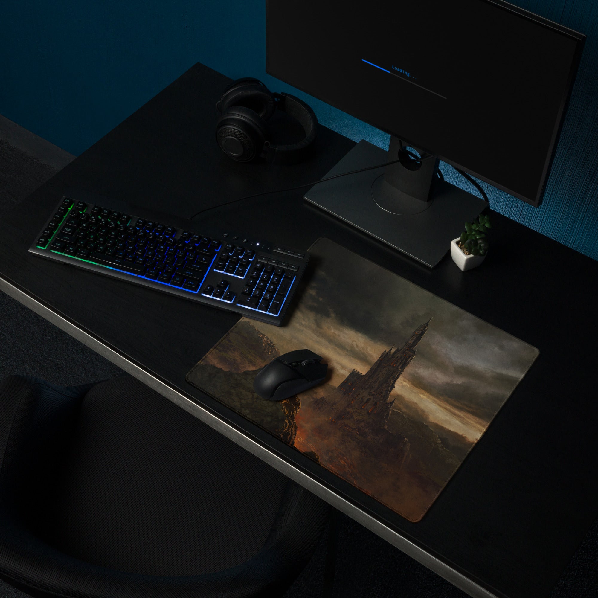 Gaming Mouse Pad Black Gray Large For Desktop Setup Epic Dark Fantasy Castle Style Non Slip Edge Stitching