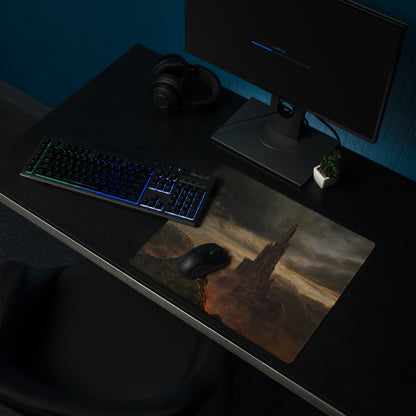 Gaming Mouse Pad Black Gray Large For Desktop Setup Epic Dark Fantasy Castle Style Non Slip Edge Stitching