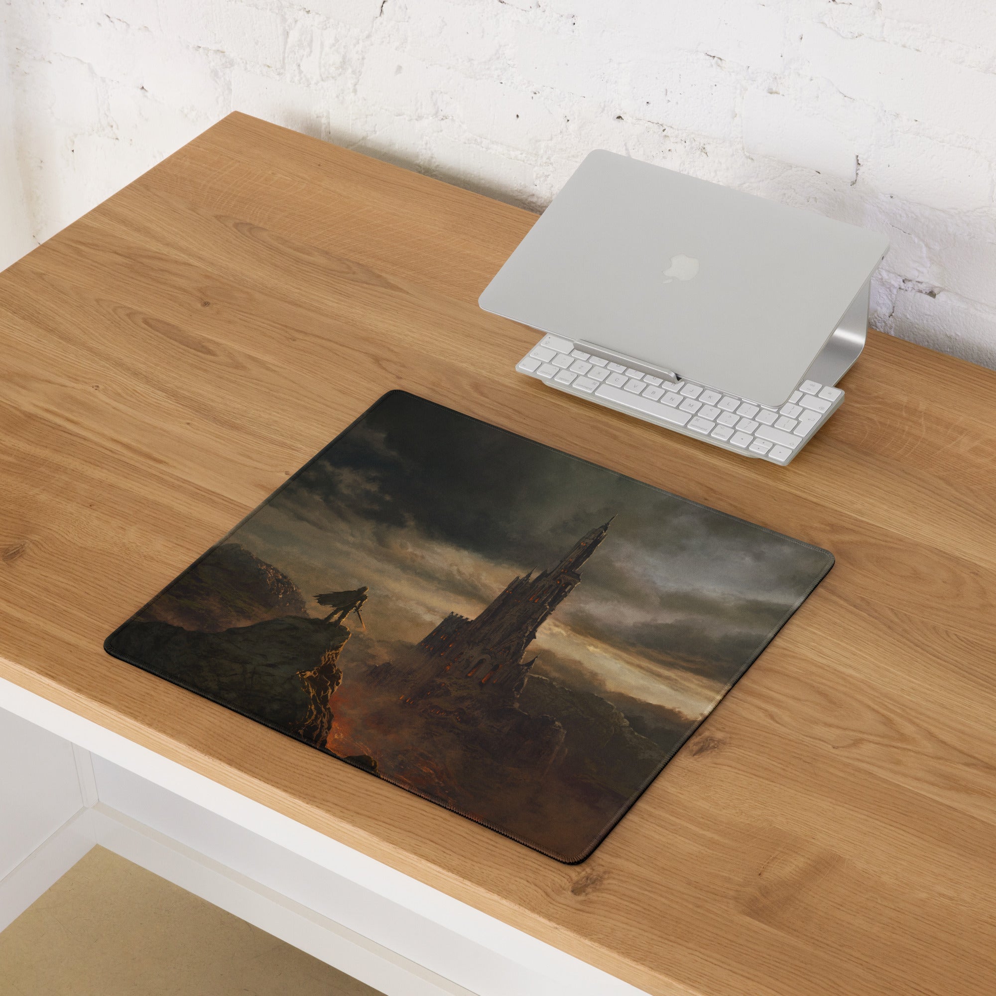 Gaming Mouse Pad Black Gray Large For Desktop Setup Epic Dark Fantasy Castle Style Non Slip Edge Stitching