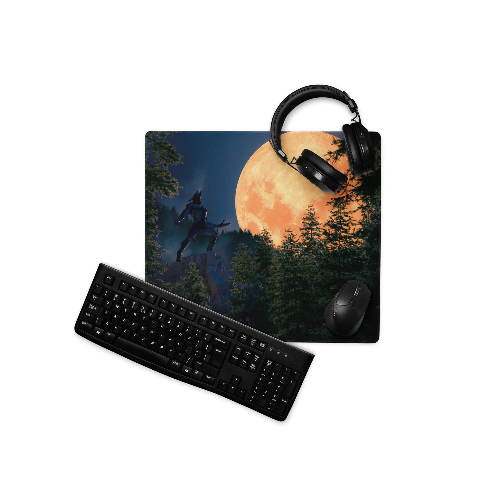 Gaming Mouse Pad Edge Stitch Moonlit Forest Orange Moon Large For Gaming Desk Non Slip