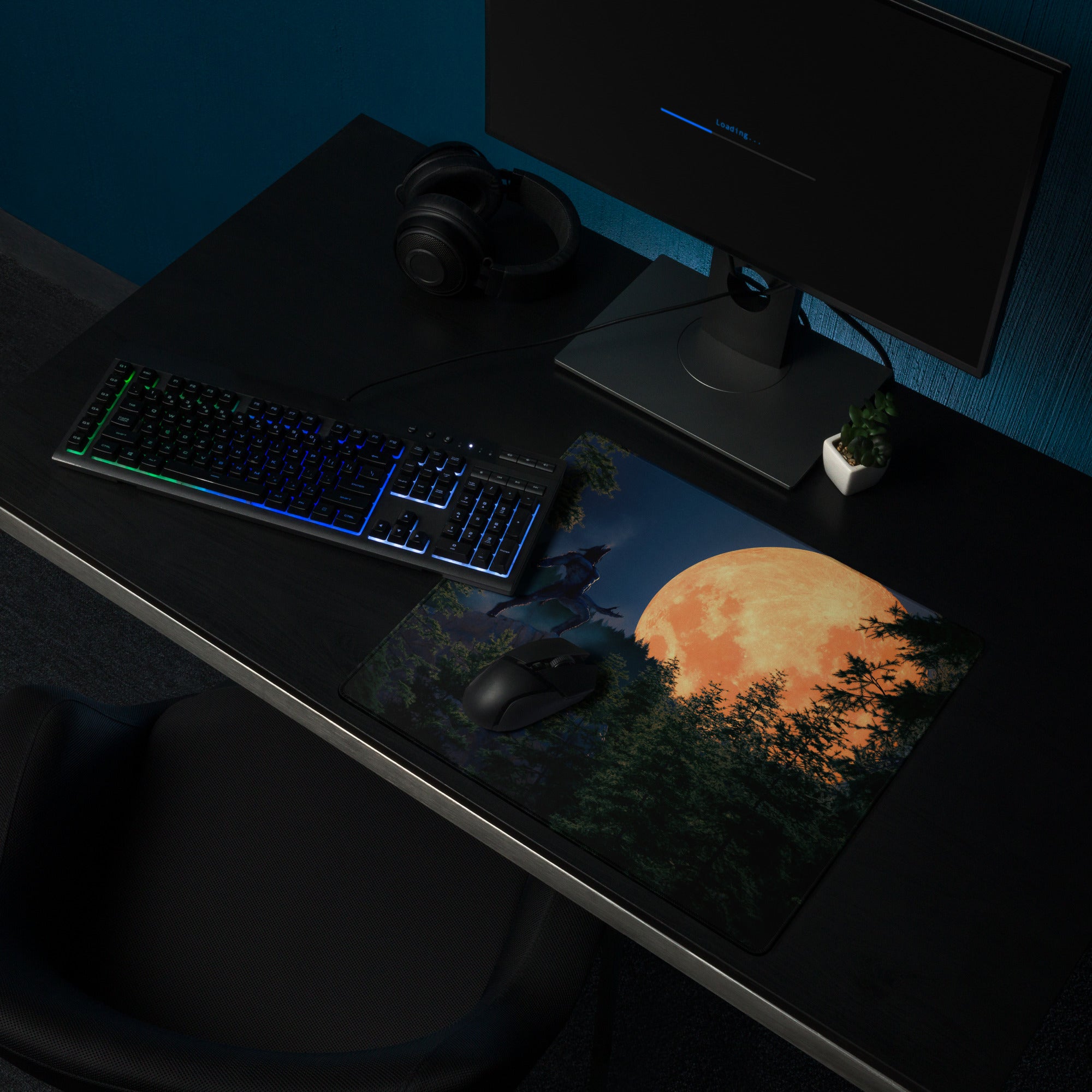 Gaming Mouse Pad Edge Stitch Moonlit Forest Orange Moon Large For Gaming Desk Non Slip