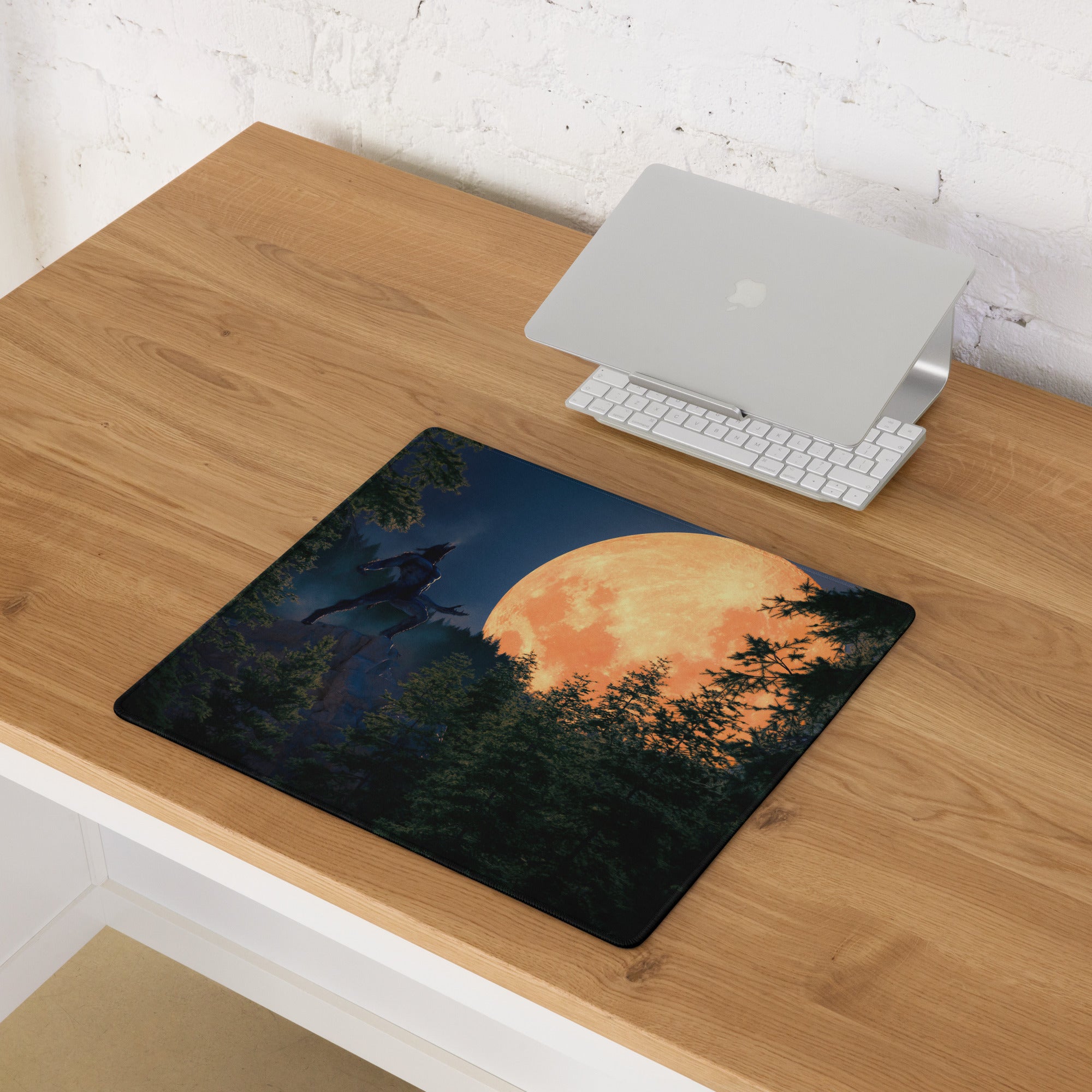 Gaming Mouse Pad Edge Stitch Moonlit Forest Orange Moon Large For Gaming Desk Non Slip